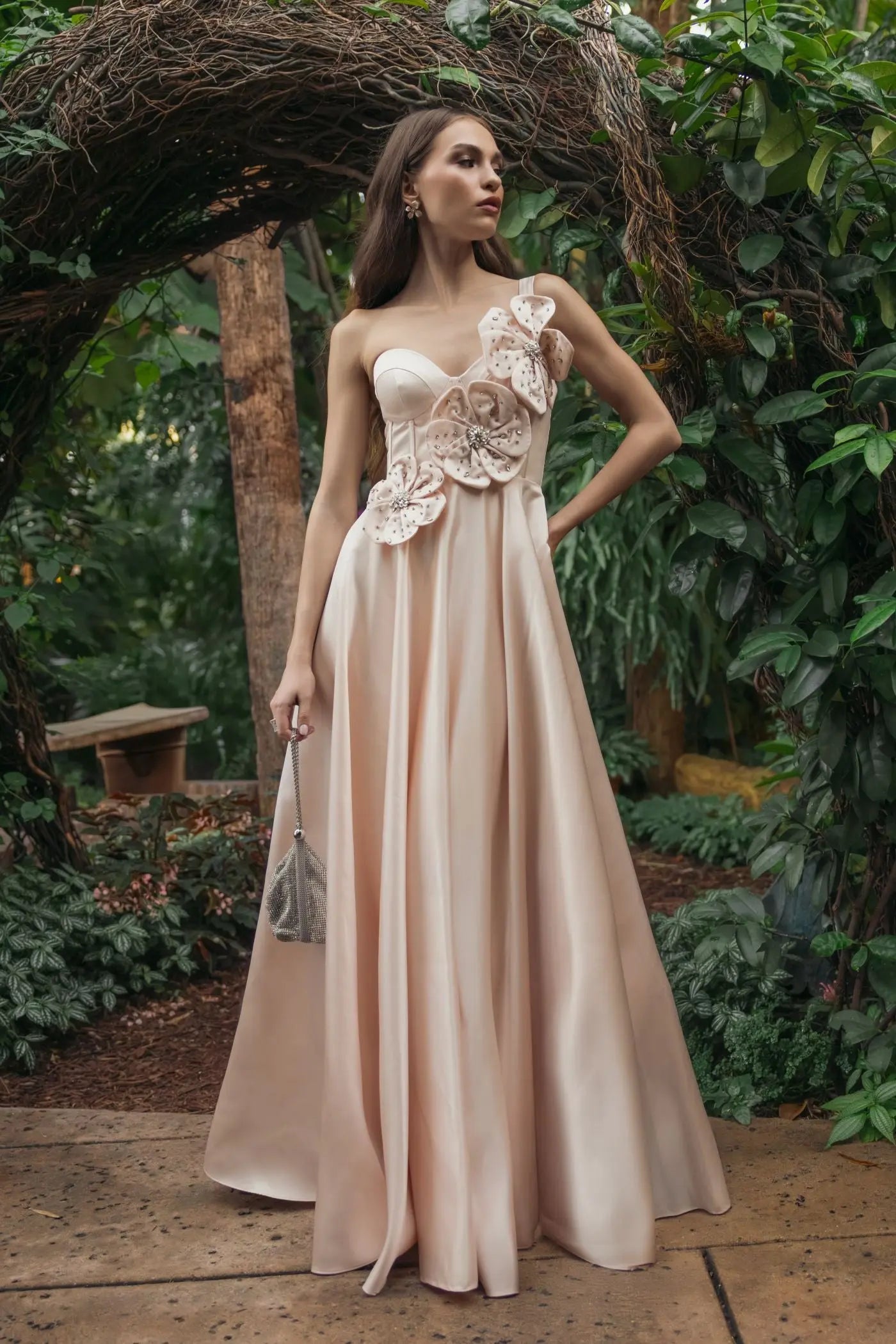 Light Pink Satin Bustier Ball Gown With 3D Flowers-Myartka