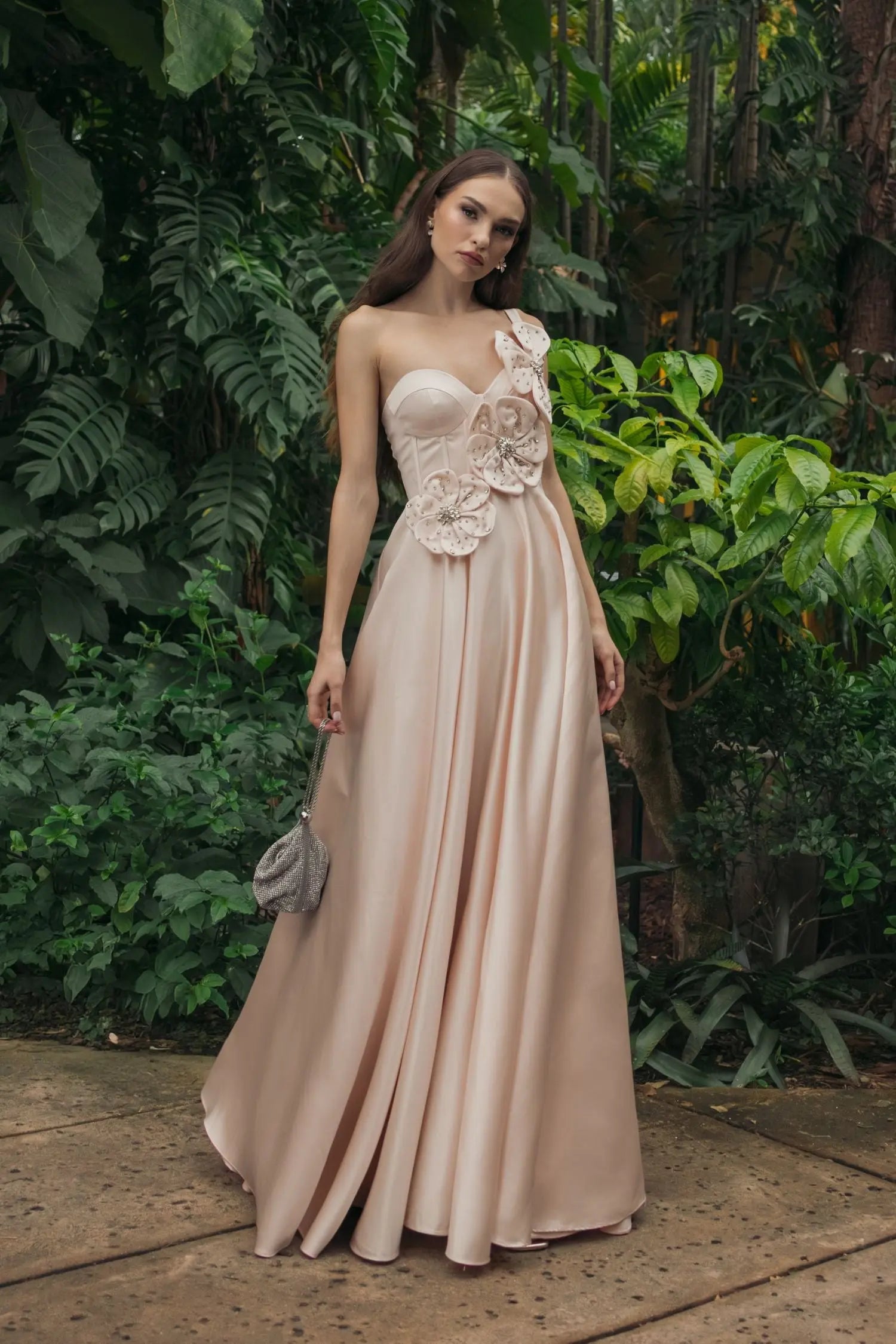Light Pink Satin Bustier Ball Gown With 3D Flowers-Myartka