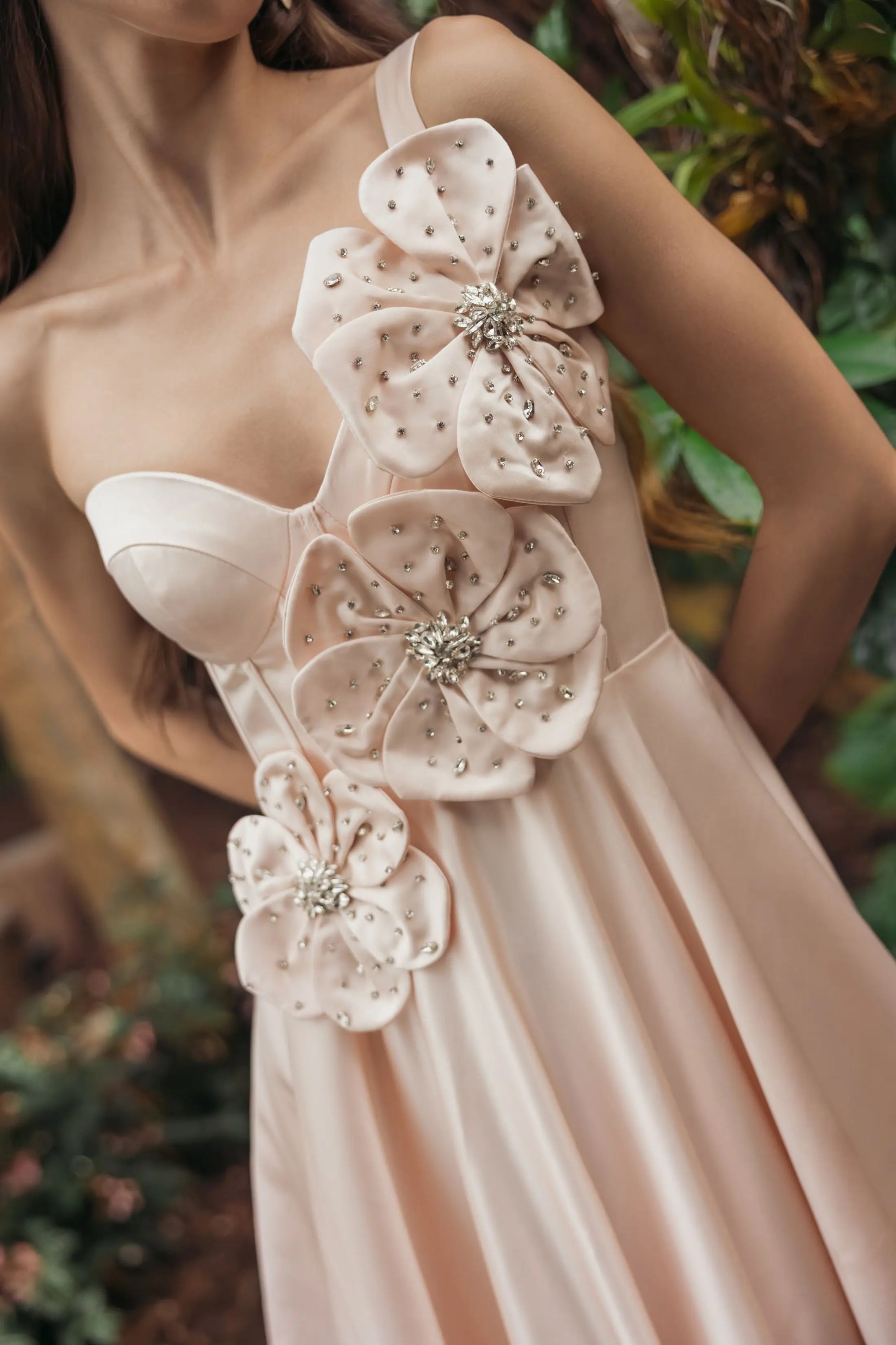 Light Pink Satin Bustier Ball Gown With 3D Flowers-Myartka