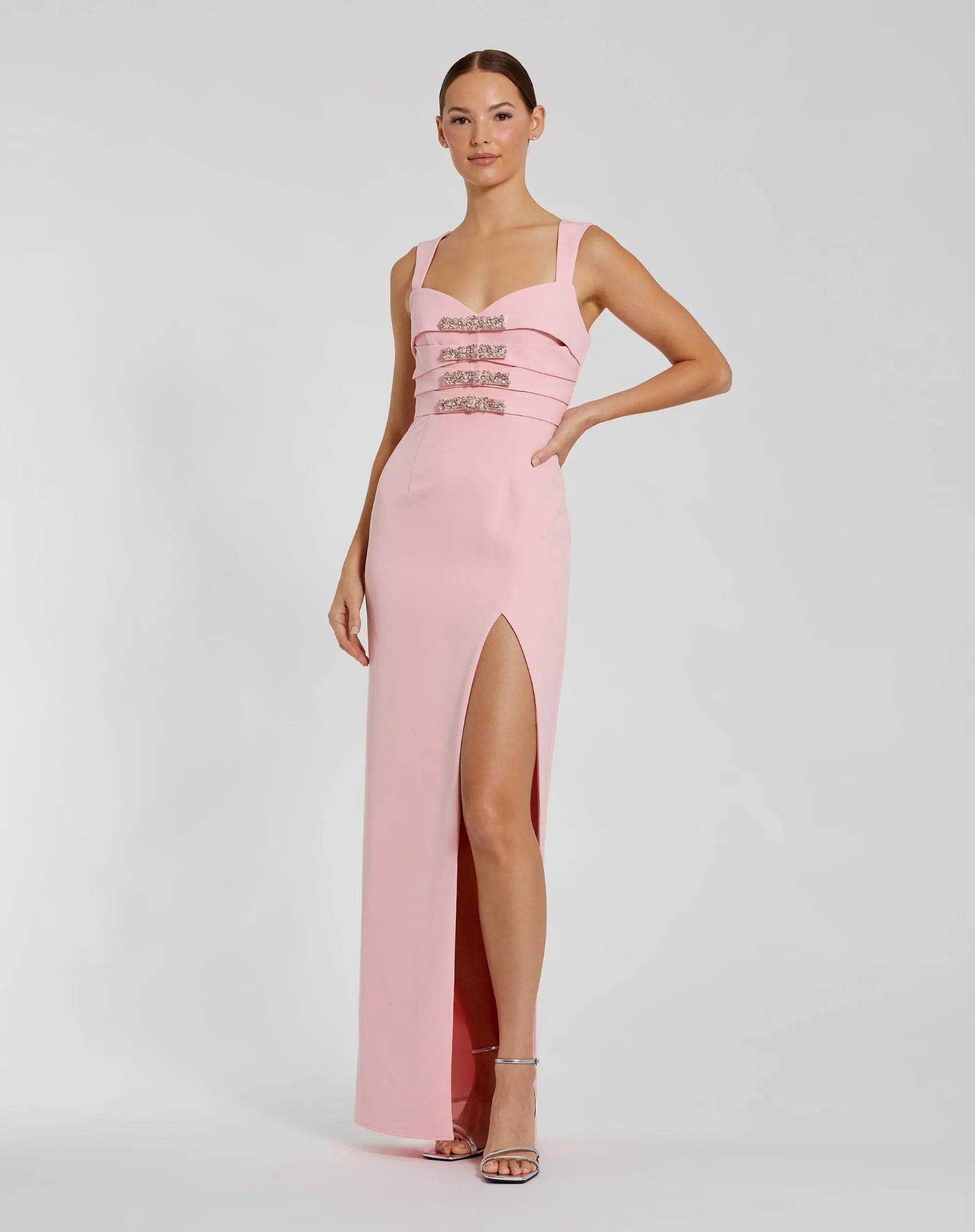 Pink Sleeveless Crepe Gown With Embellished Bows-Myartka