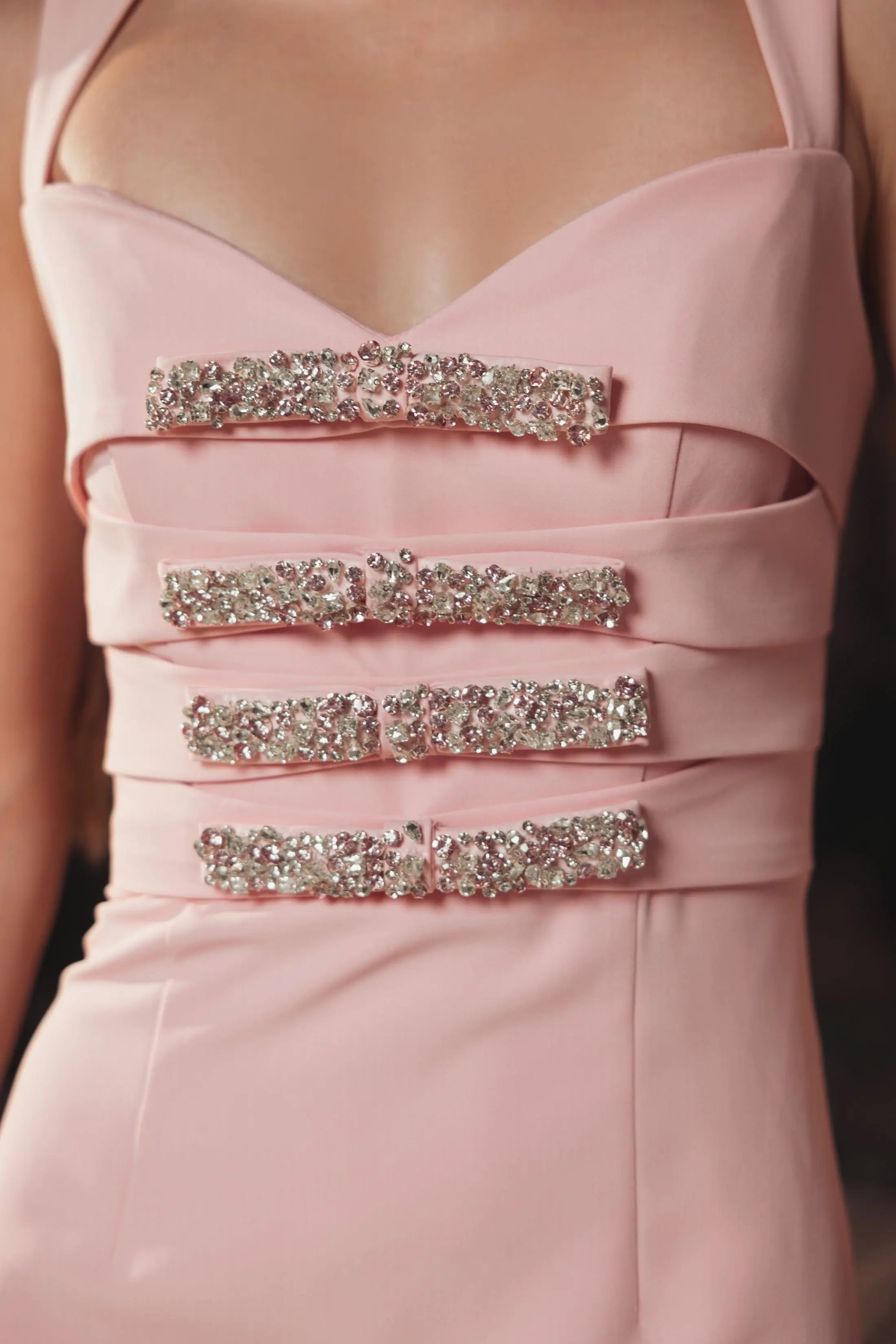 Pink Sleeveless Crepe Gown With Embellished Bows-Myartka
