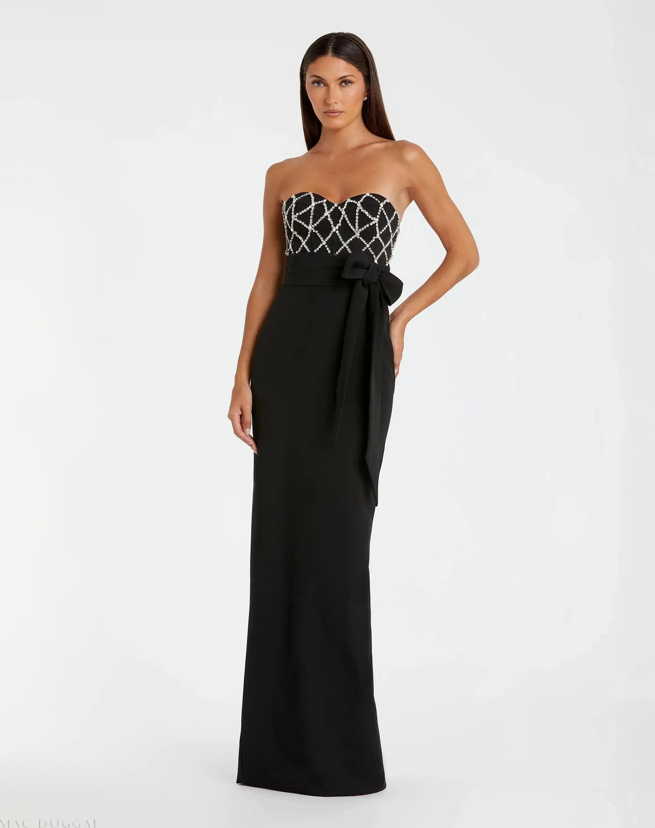Black Strapless Embellished Crepe Gown With Bow-Myartka