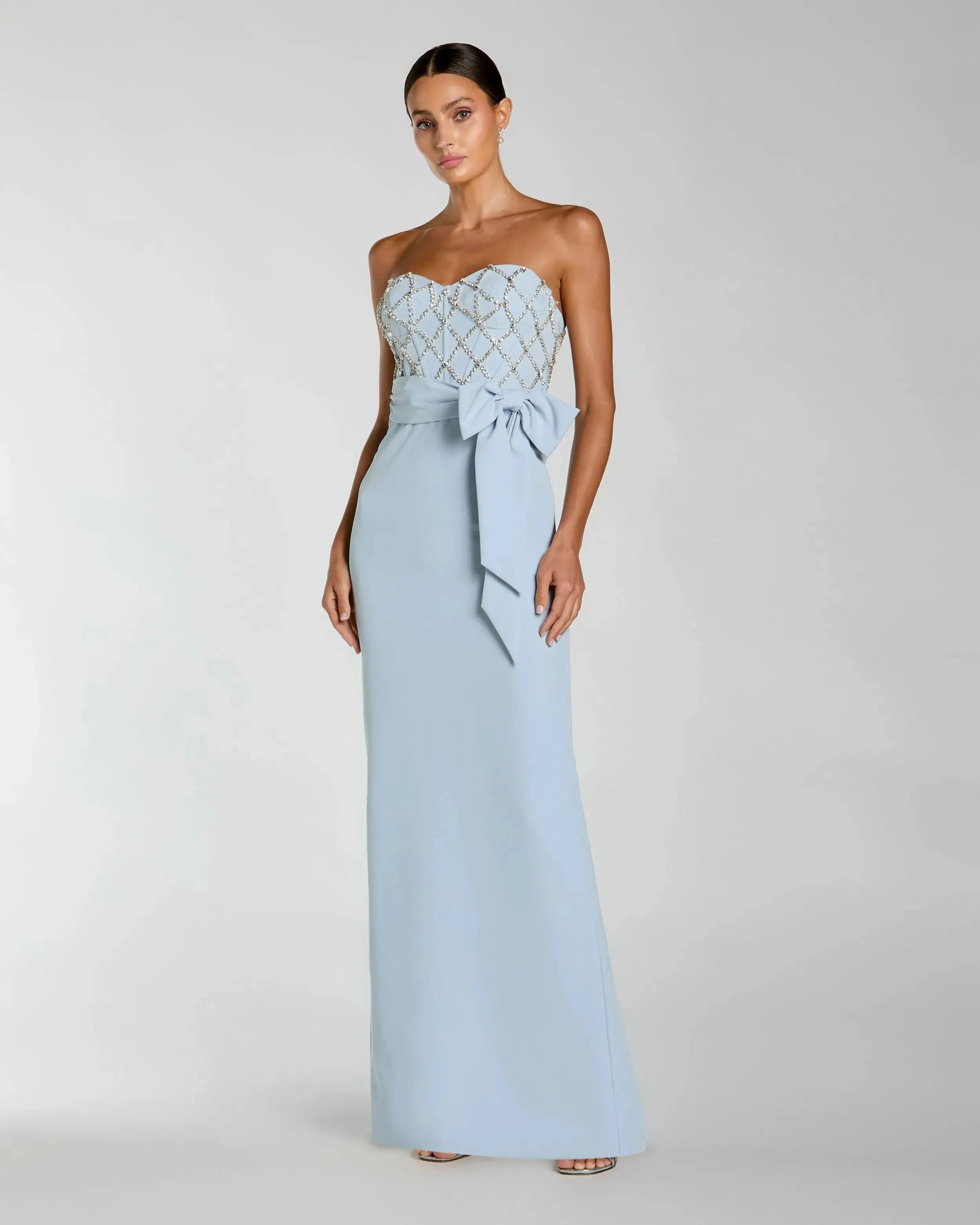 Blue Strapless Crepe Embellished Bustier Gown With Bow-Myartka