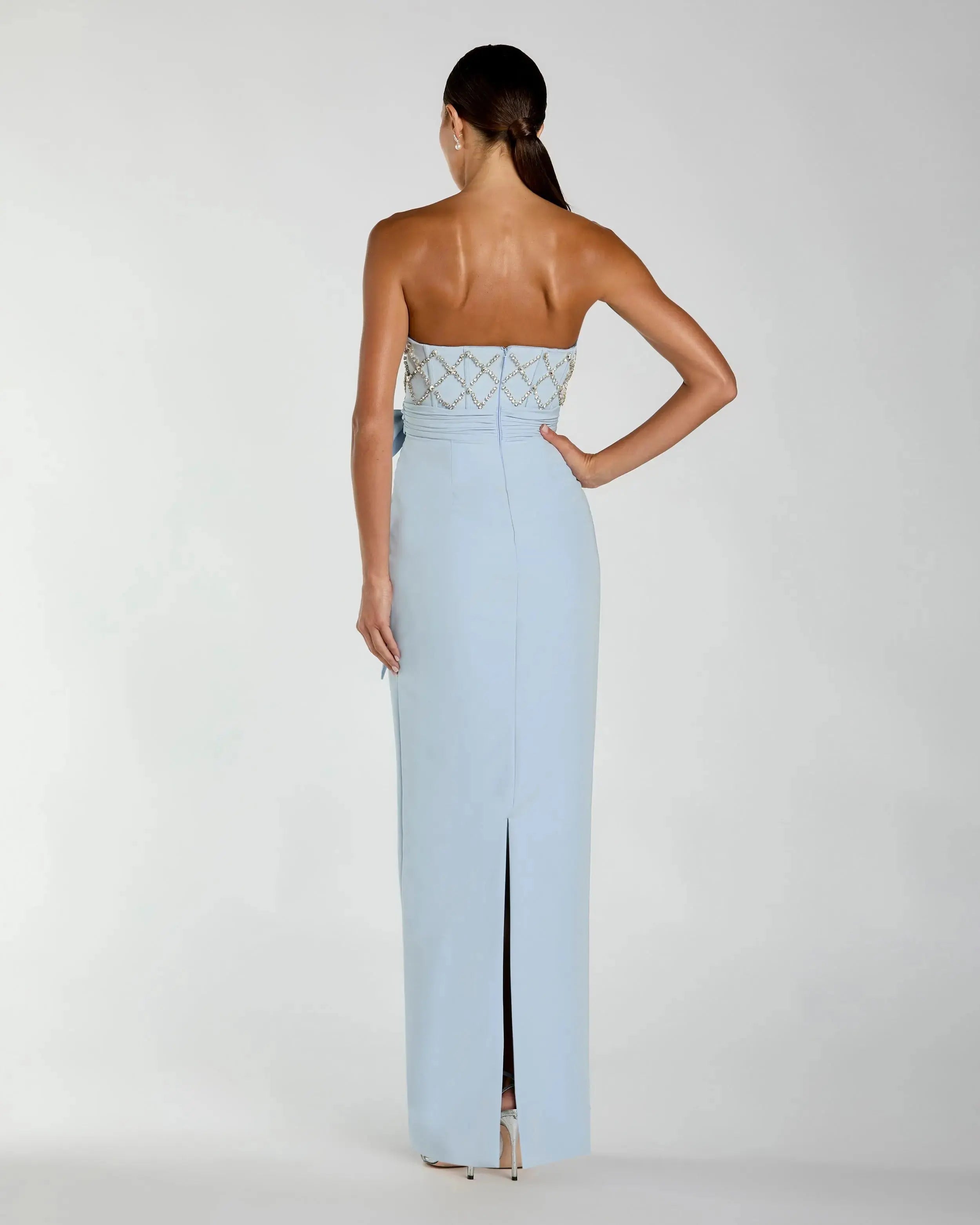 Blue Strapless Crepe Embellished Bustier Gown With Bow-Myartka