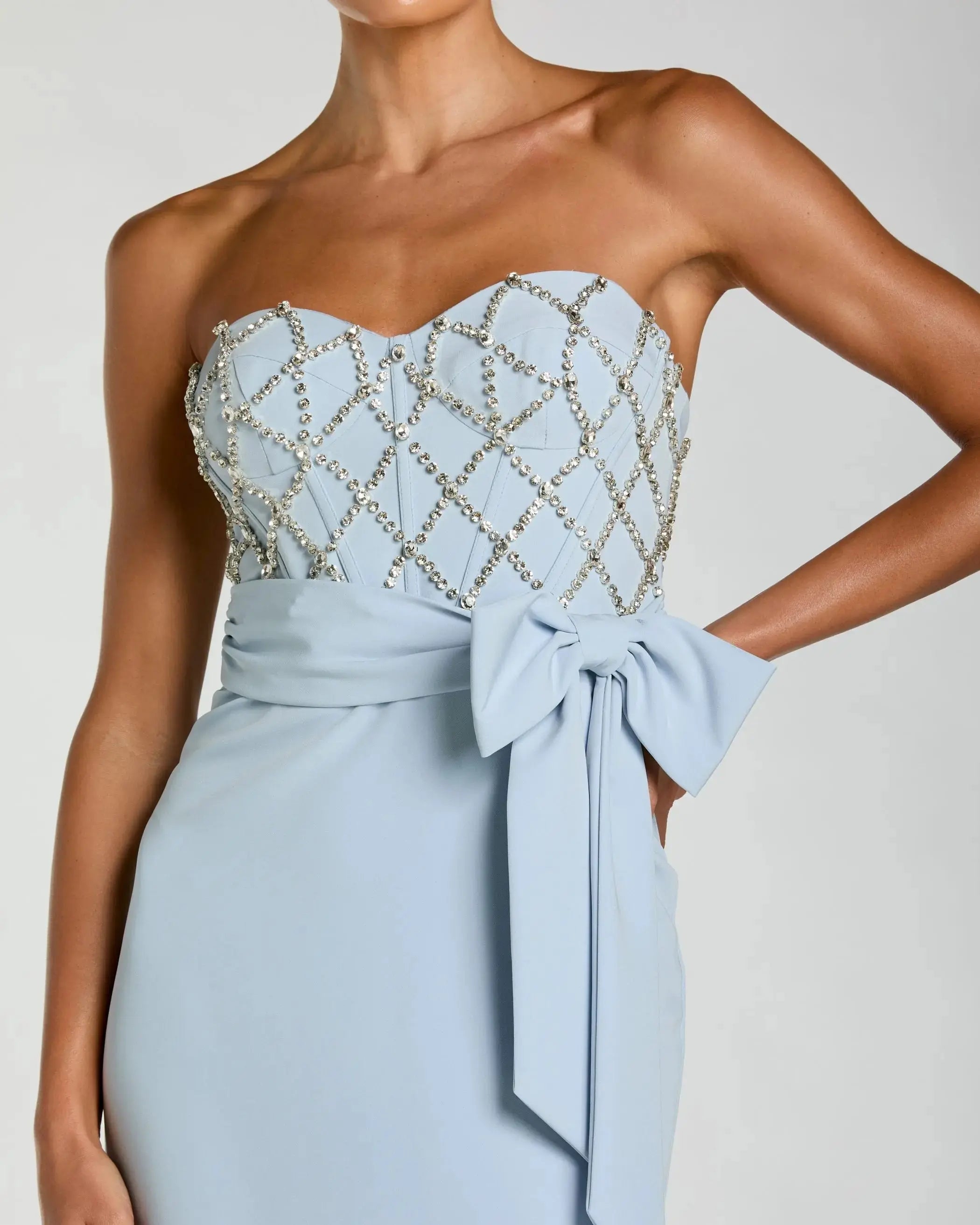 Blue Strapless Crepe Embellished Bustier Gown With Bow-Myartka