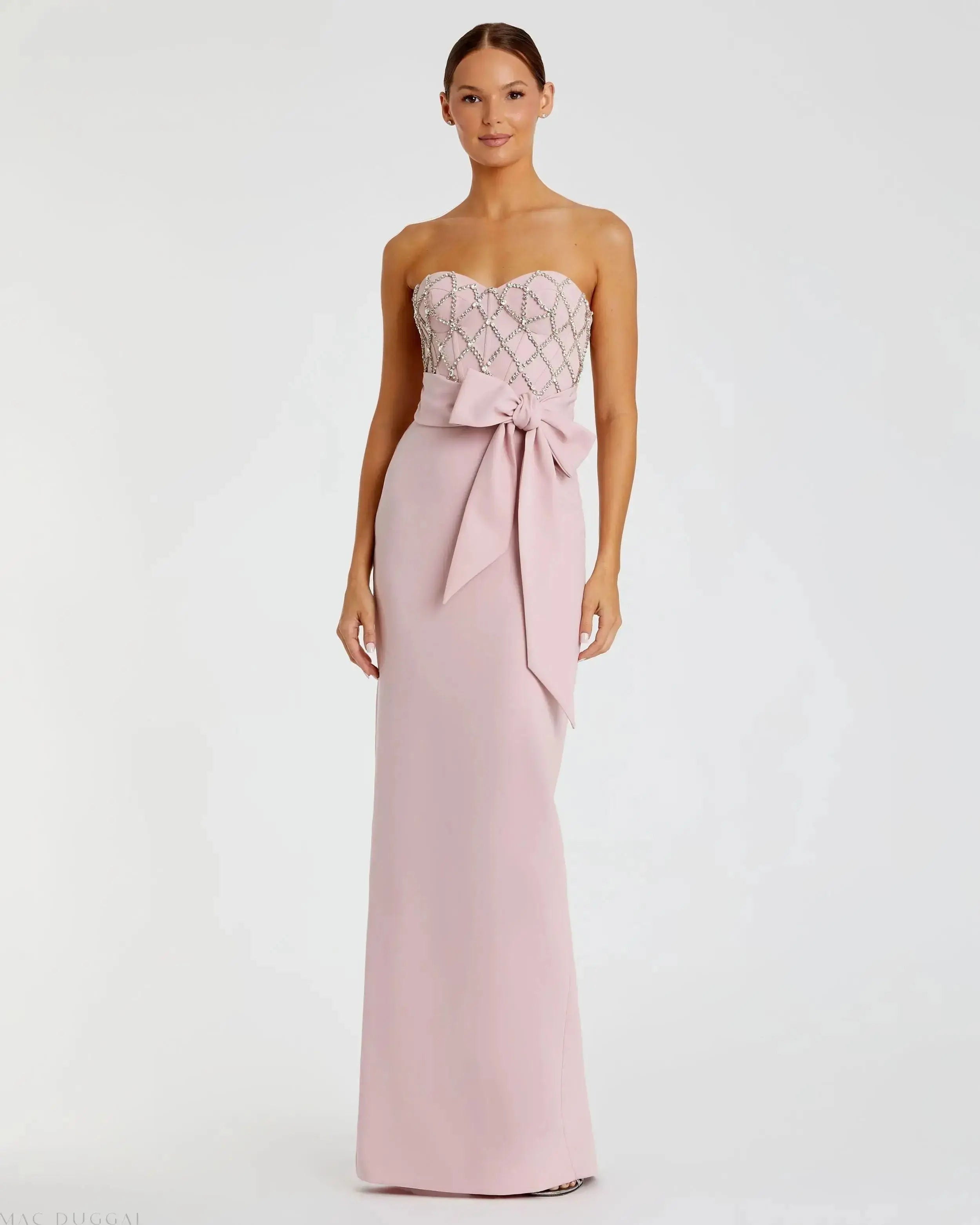 Pink Strapless Embellished Crepe Gown With Bow-Myartka