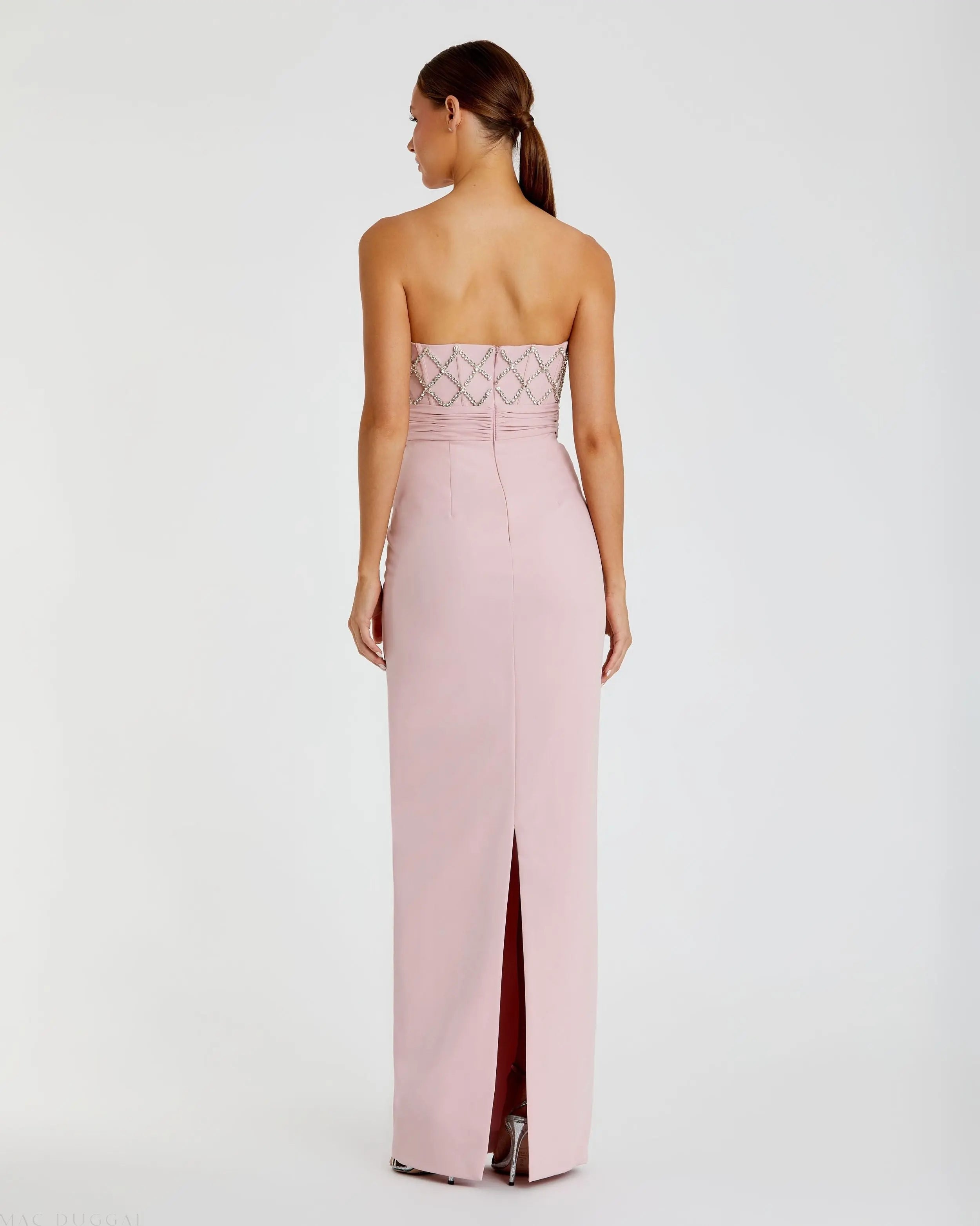 Pink Strapless Embellished Crepe Gown With Bow-Myartka