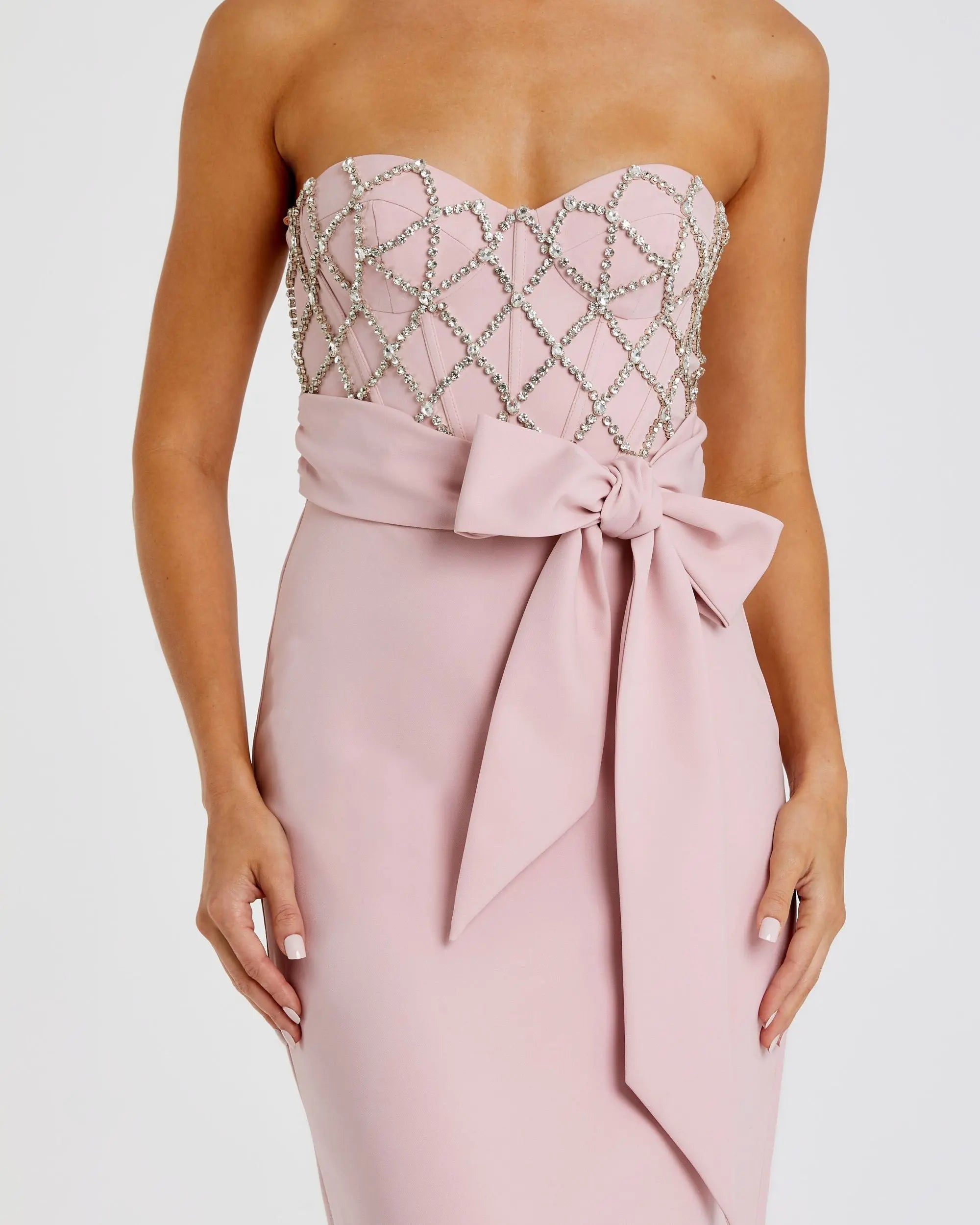 Pink Strapless Embellished Crepe Gown With Bow-Myartka