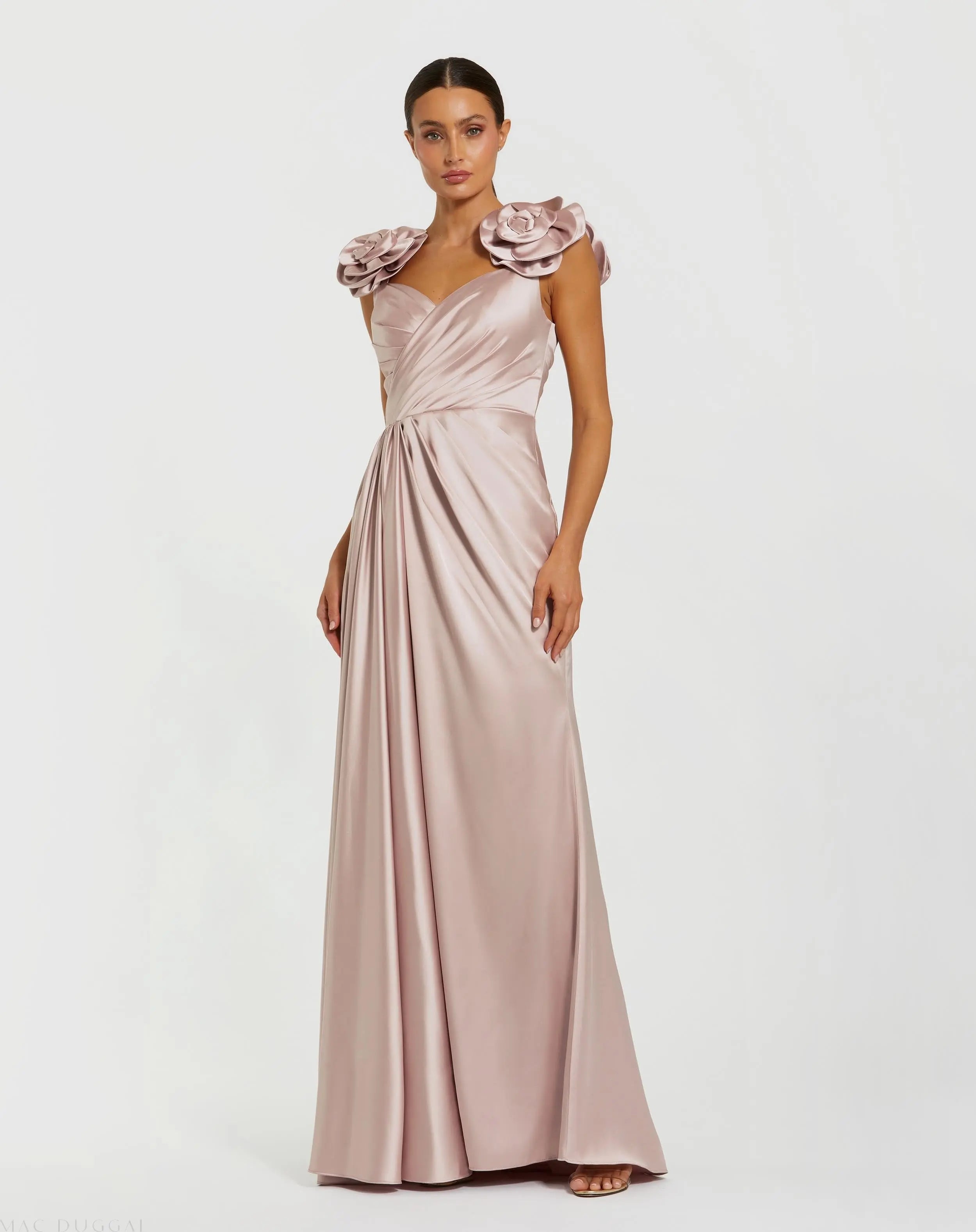 Pink Faux Wrap Satin Gown With 3D Flower Straps-Myartka