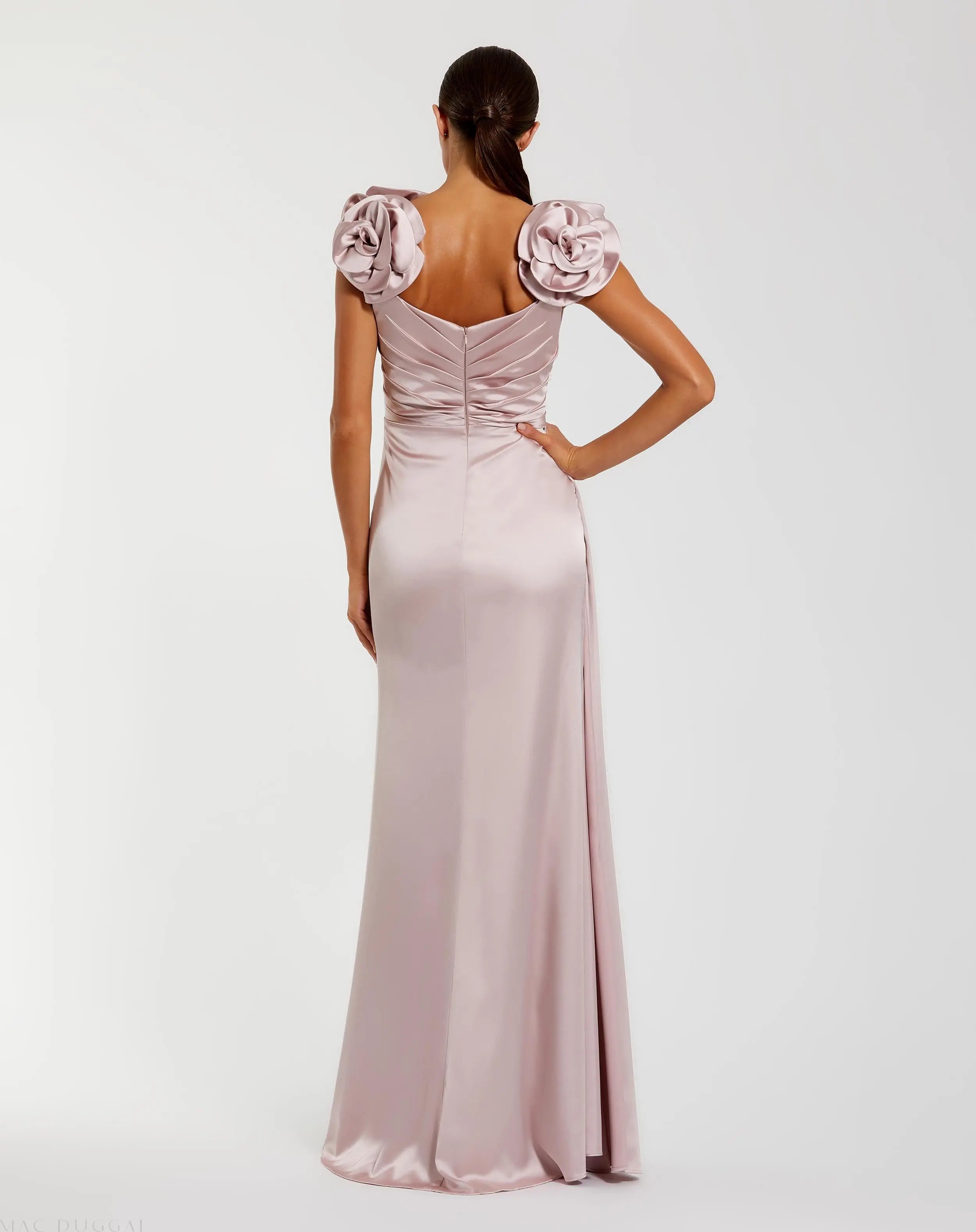 Pink Faux Wrap Satin Gown With 3D Flower Straps-Myartka
