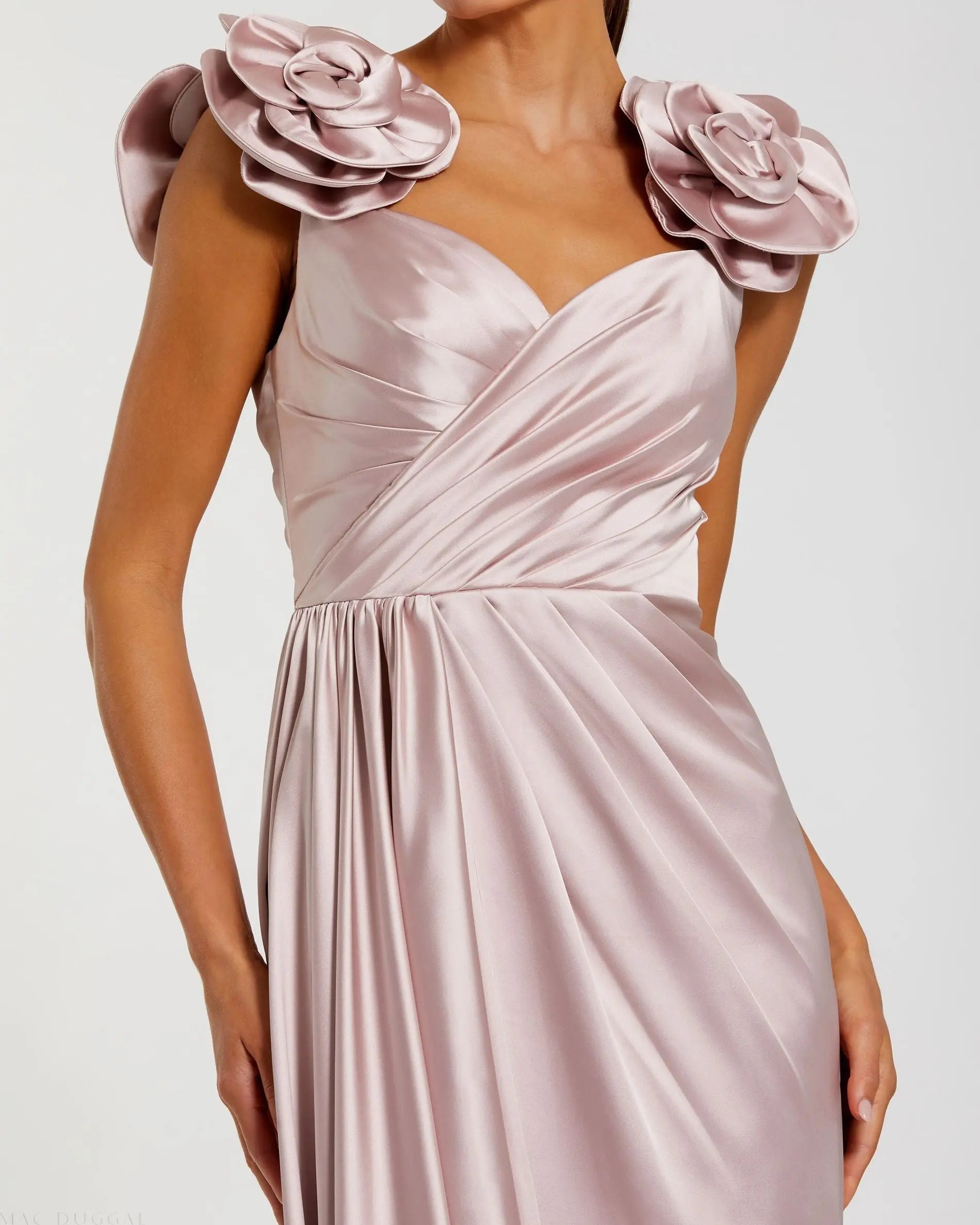 Pink Faux Wrap Satin Gown With 3D Flower Straps-Myartka