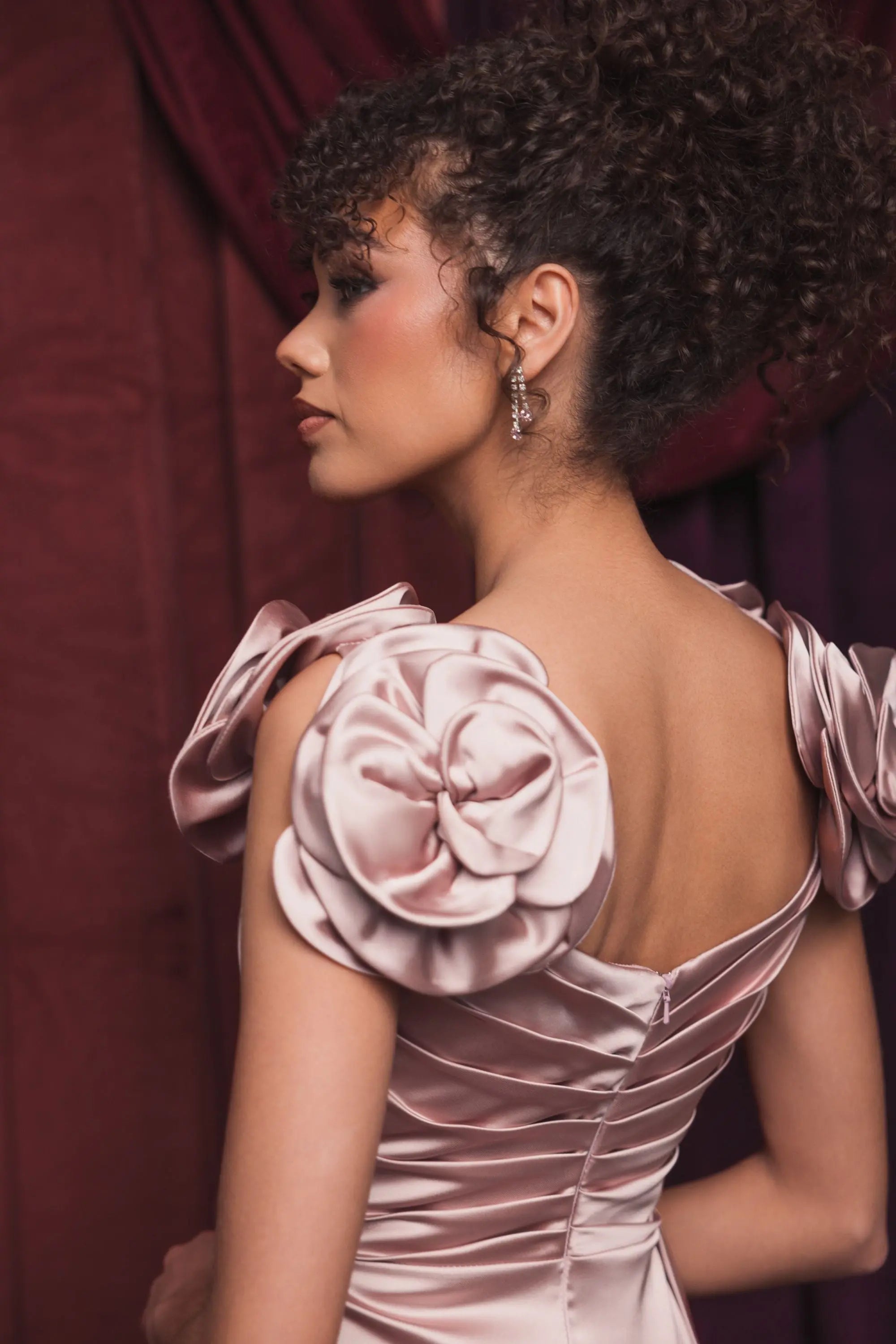 Pink Faux Wrap Satin Gown With 3D Flower Straps-Myartka