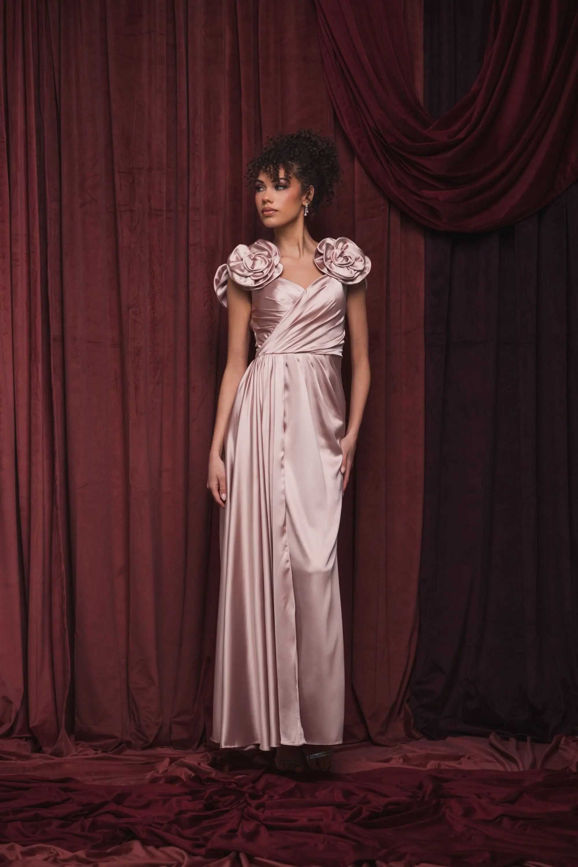 Pink Faux Wrap Satin Gown With 3D Flower Straps-Myartka