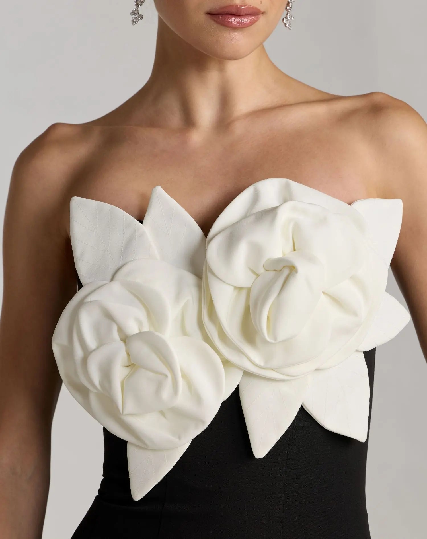 Black Strapless Crepe Mermaid Gown With 3D Flowers-Myartka