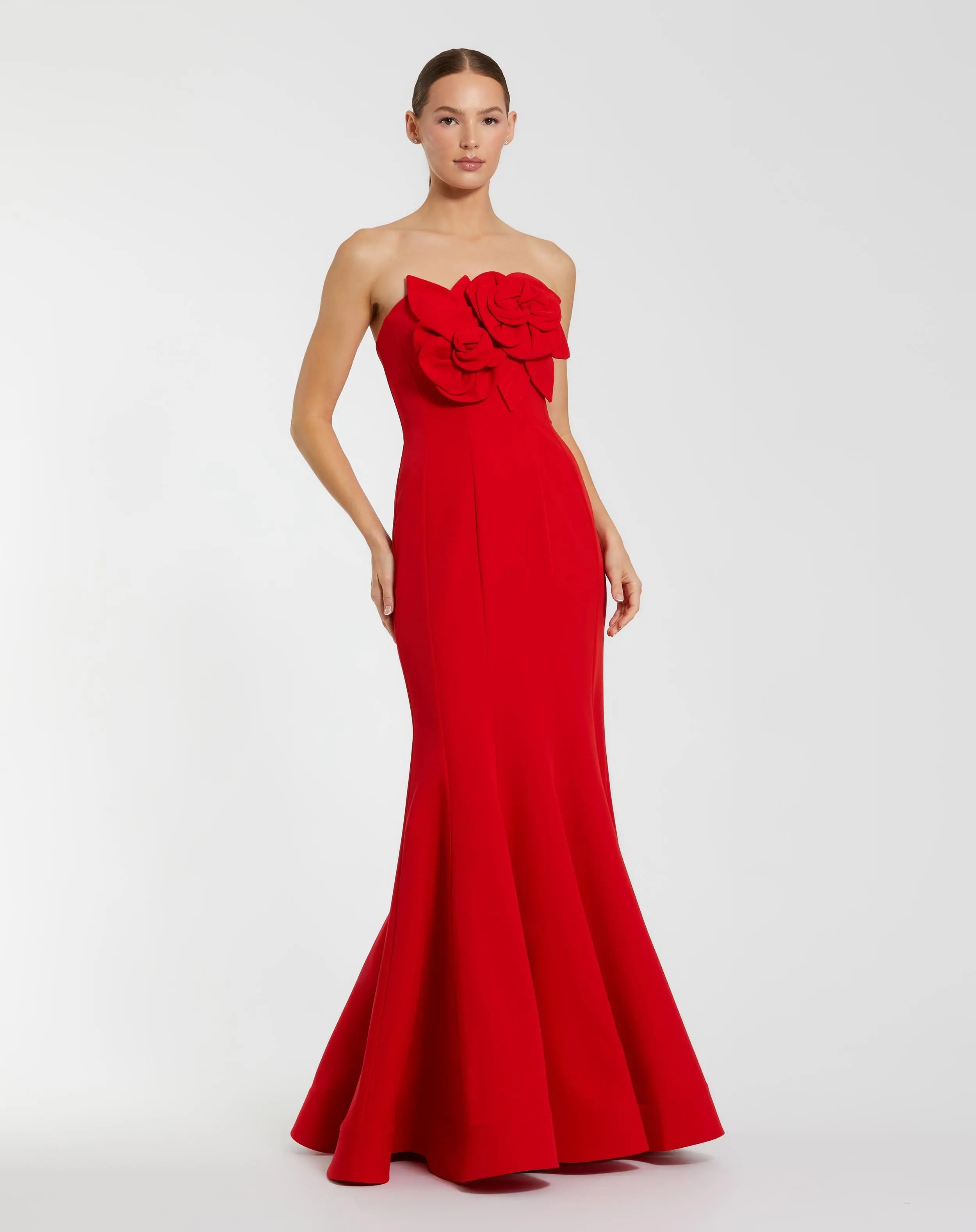 Red Strapless Mermaid Gown With 3D Flowers-Myartka