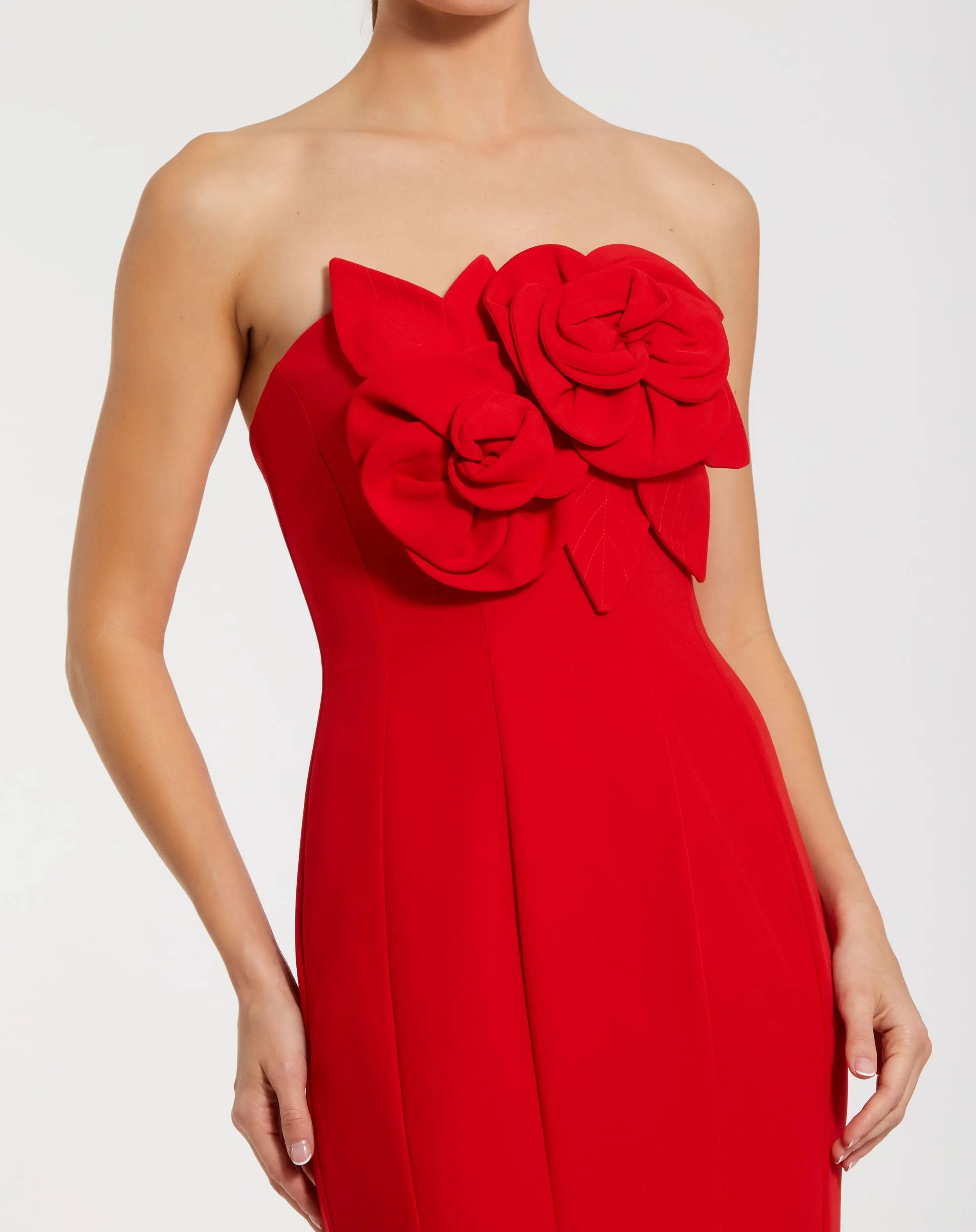 Red Strapless Mermaid Gown With 3D Flowers-Myartka