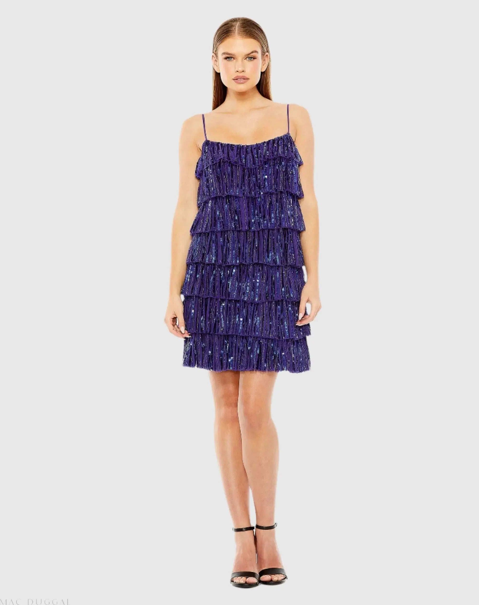 Blue Beaded Strap Sequin Ruffle Mini Dress - FINAL SALE-Myartka