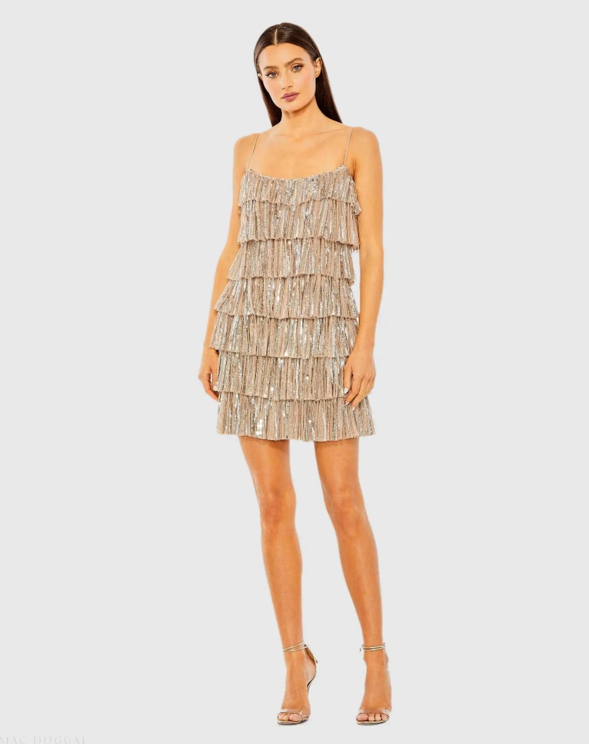 Beaded Strap Sequin Ruffle Mini Dress-Myartka