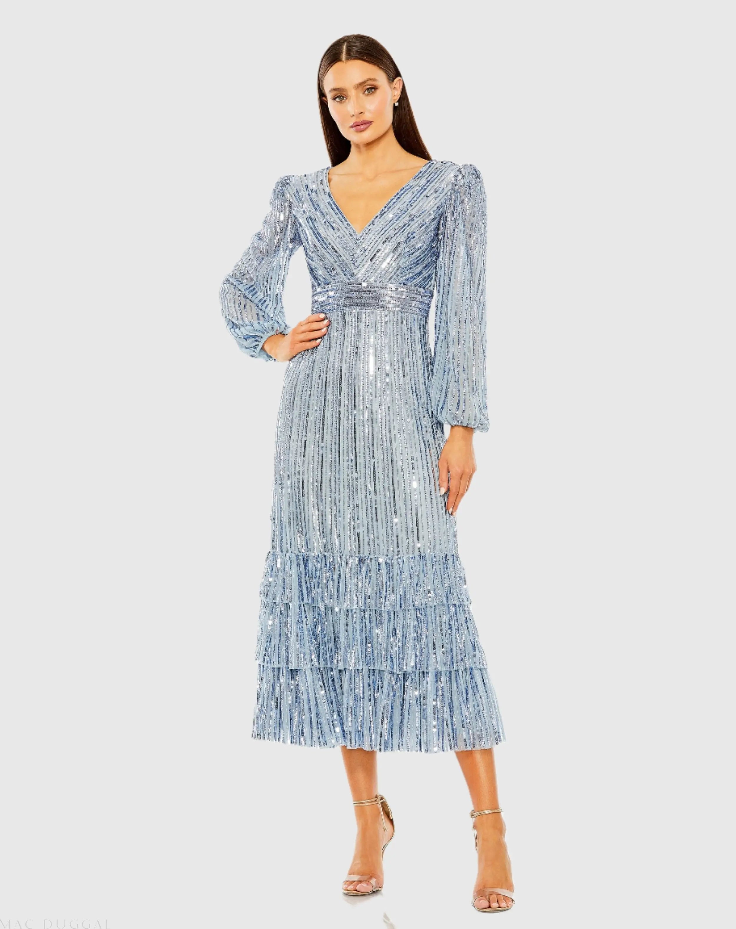 Blue A-Line V-Neck Sequin Ruffle Dress-Myartka