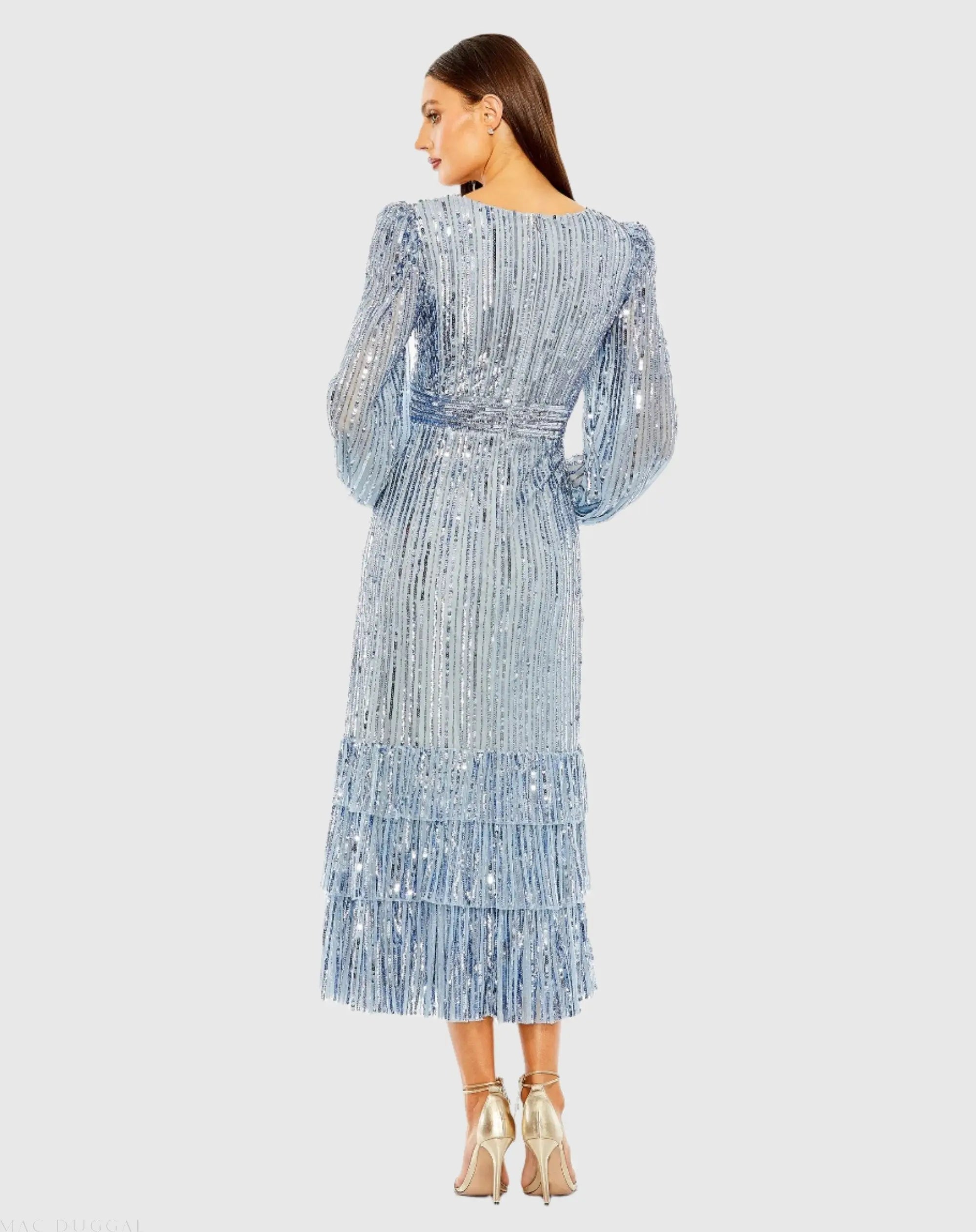 Blue A-Line V-Neck Sequin Ruffle Dress-Myartka