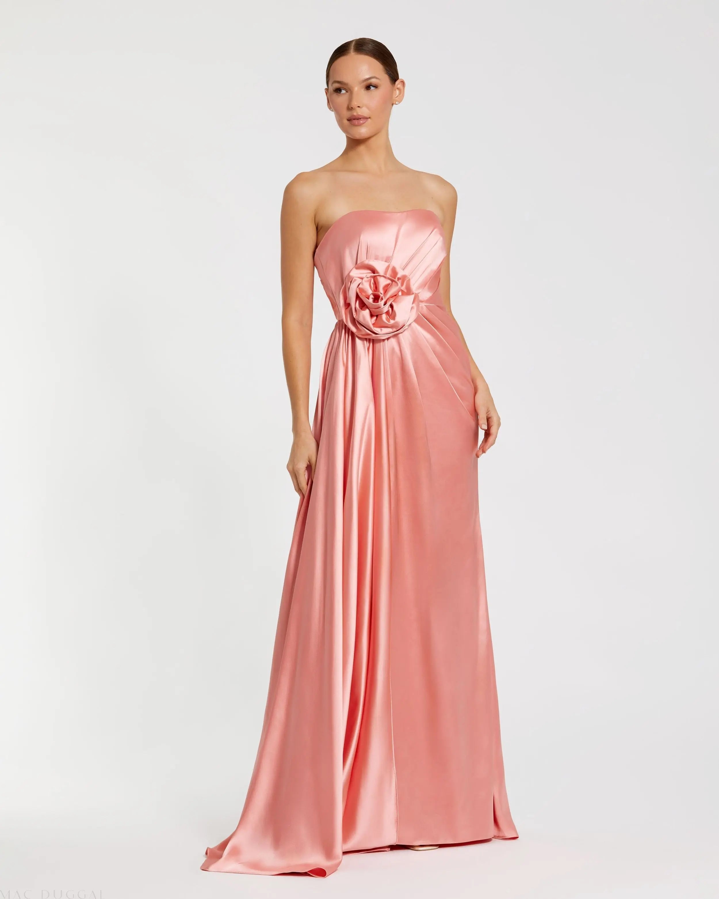 Pink Strapless Satin Gown With 3D Flower-Myartka