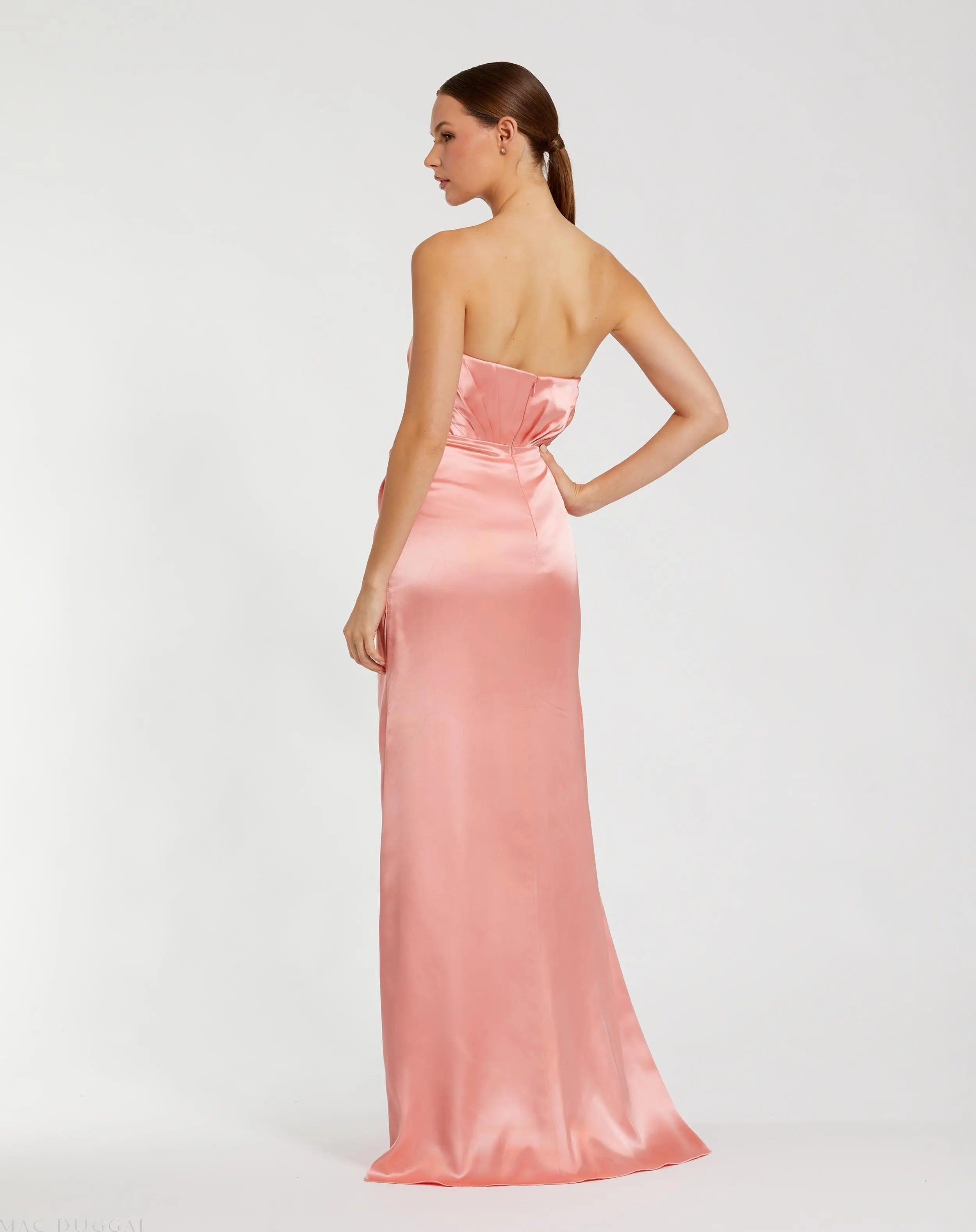 Pink Strapless Satin Gown With 3D Flower-Myartka