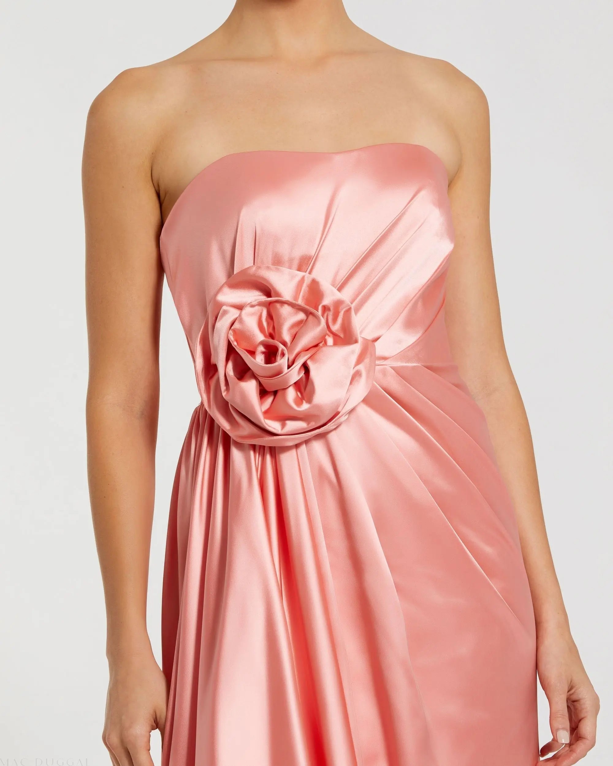 Pink Strapless Satin Gown With 3D Flower-Myartka