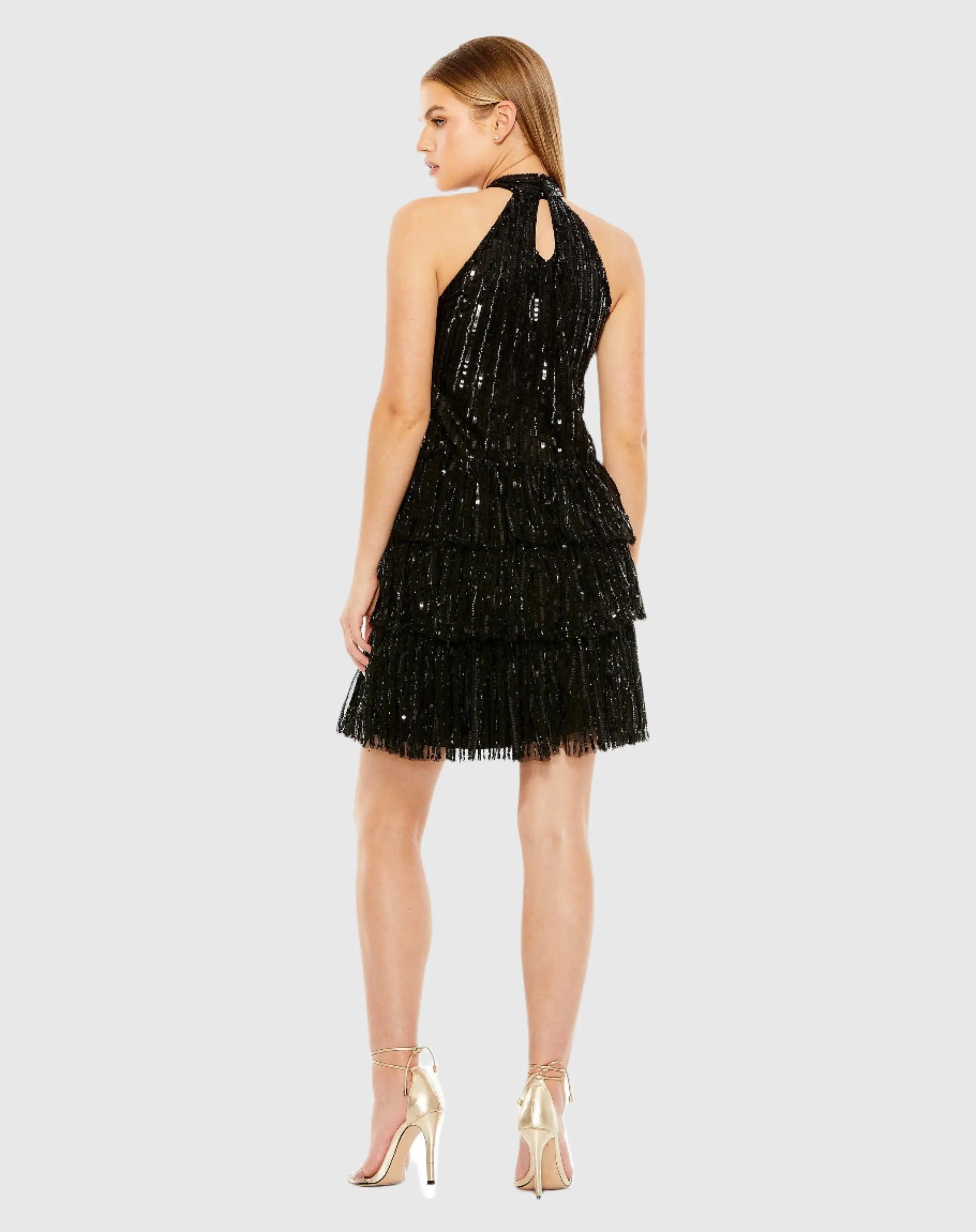 Black High Neck A-Line Ruffle Sequin Mini Dress - FINAL SALE-Myartka