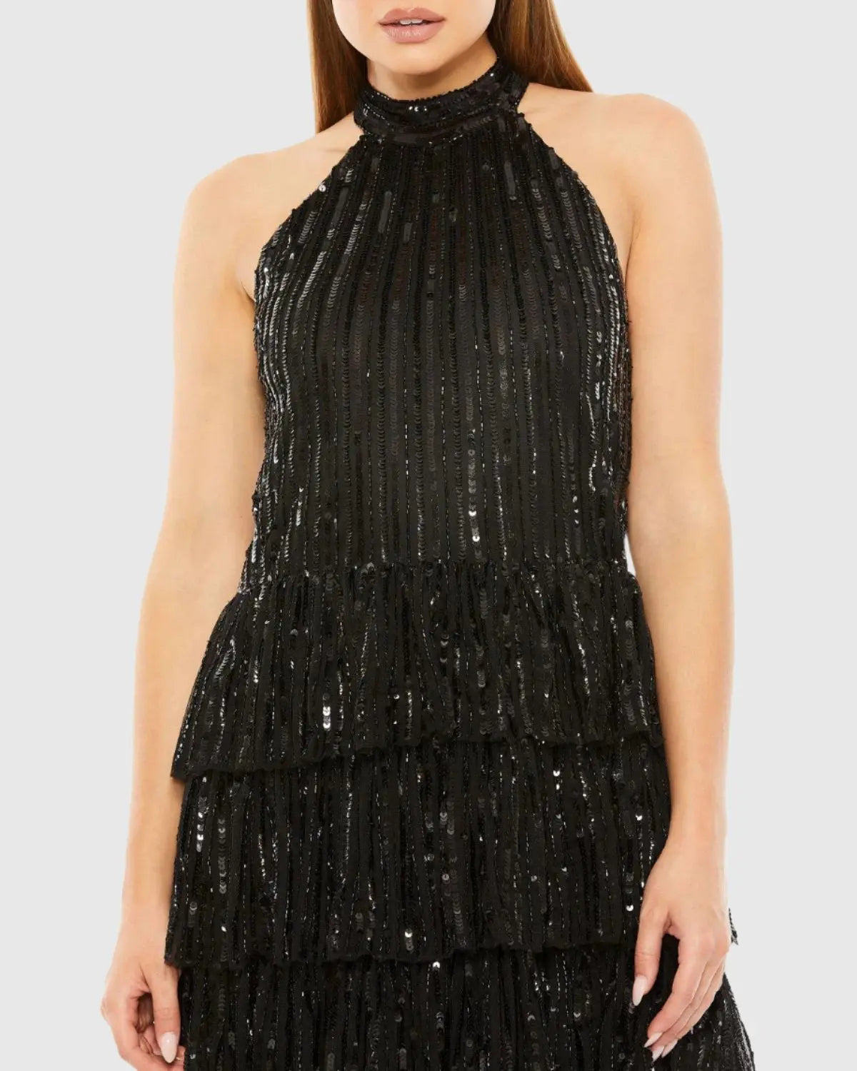Black High Neck A-Line Ruffle Sequin Mini Dress - FINAL SALE-Myartka