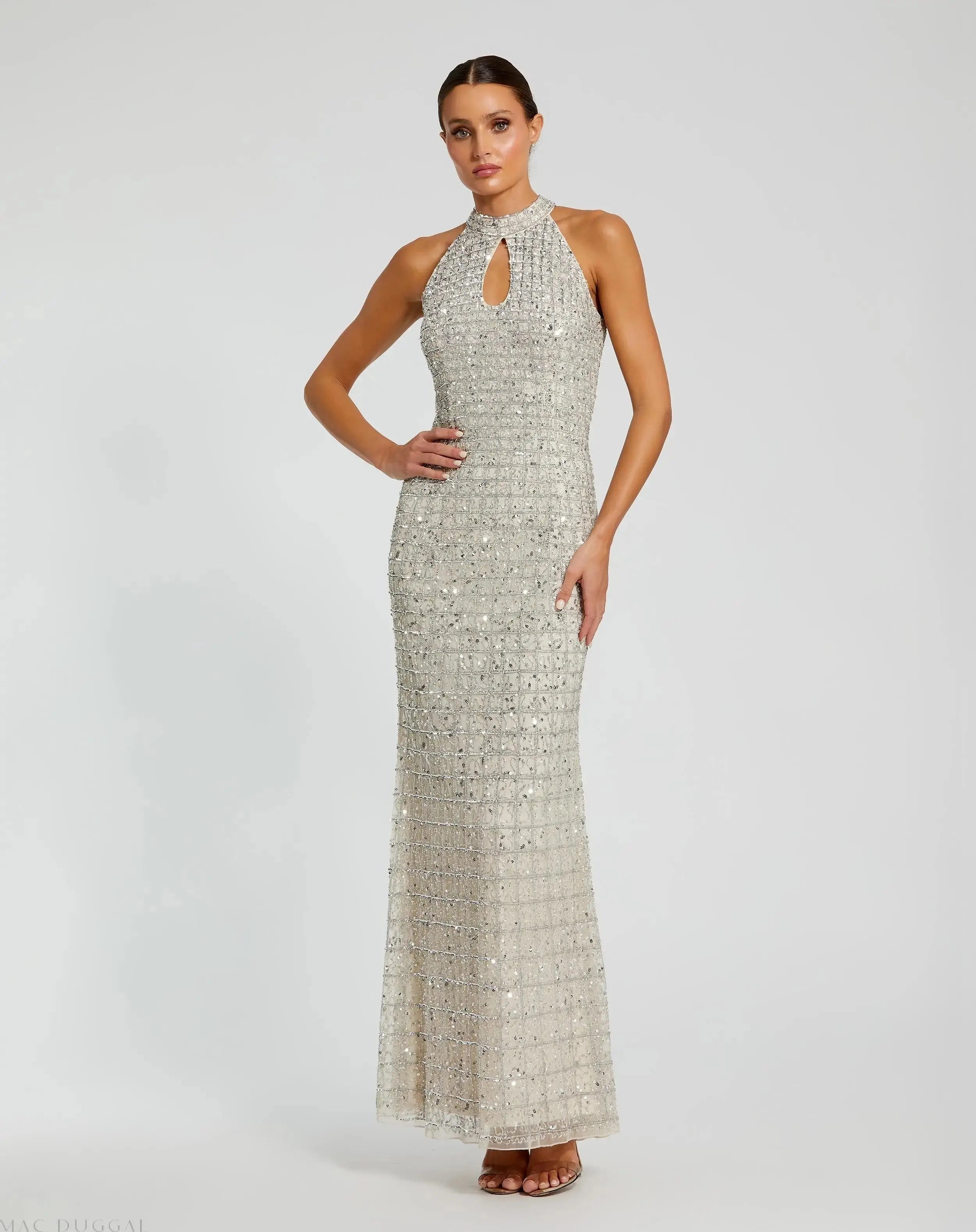 Silver Embellished Halter Neck Keyhole Gown-Myartka