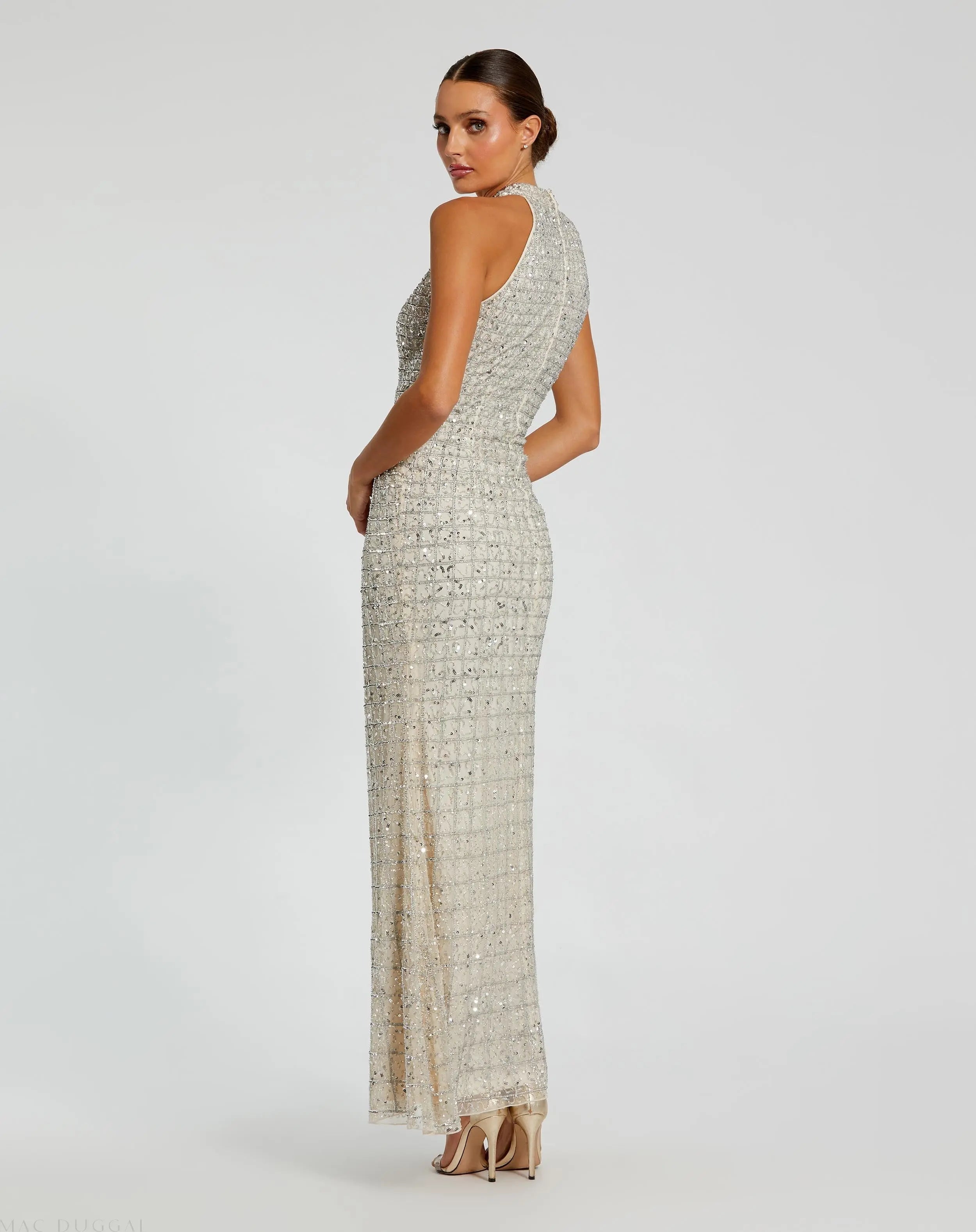 Silver Embellished Halter Neck Keyhole Gown-Myartka