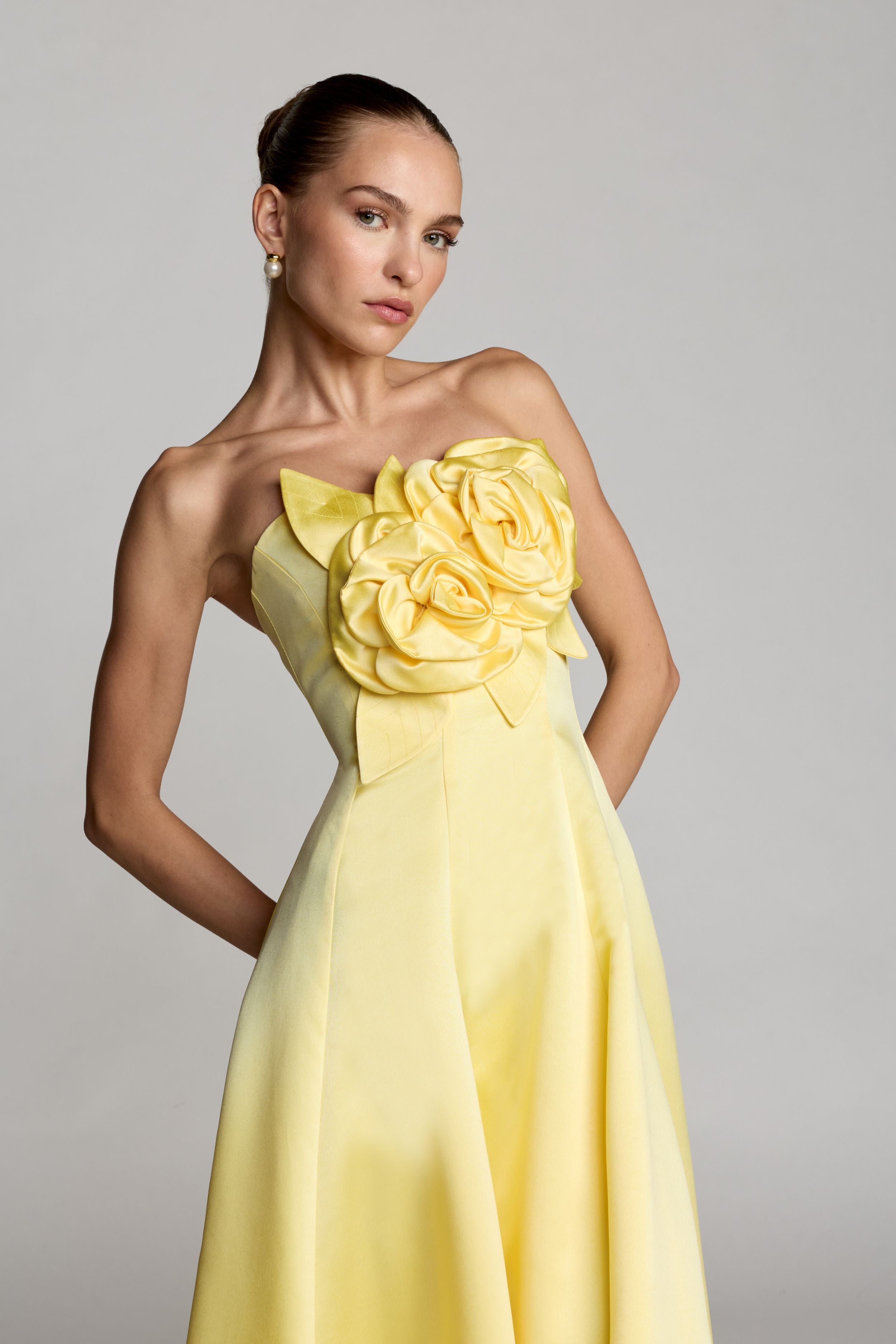 Yellow Strapless Satin High Low Gown With 3D Flowers-Myartka