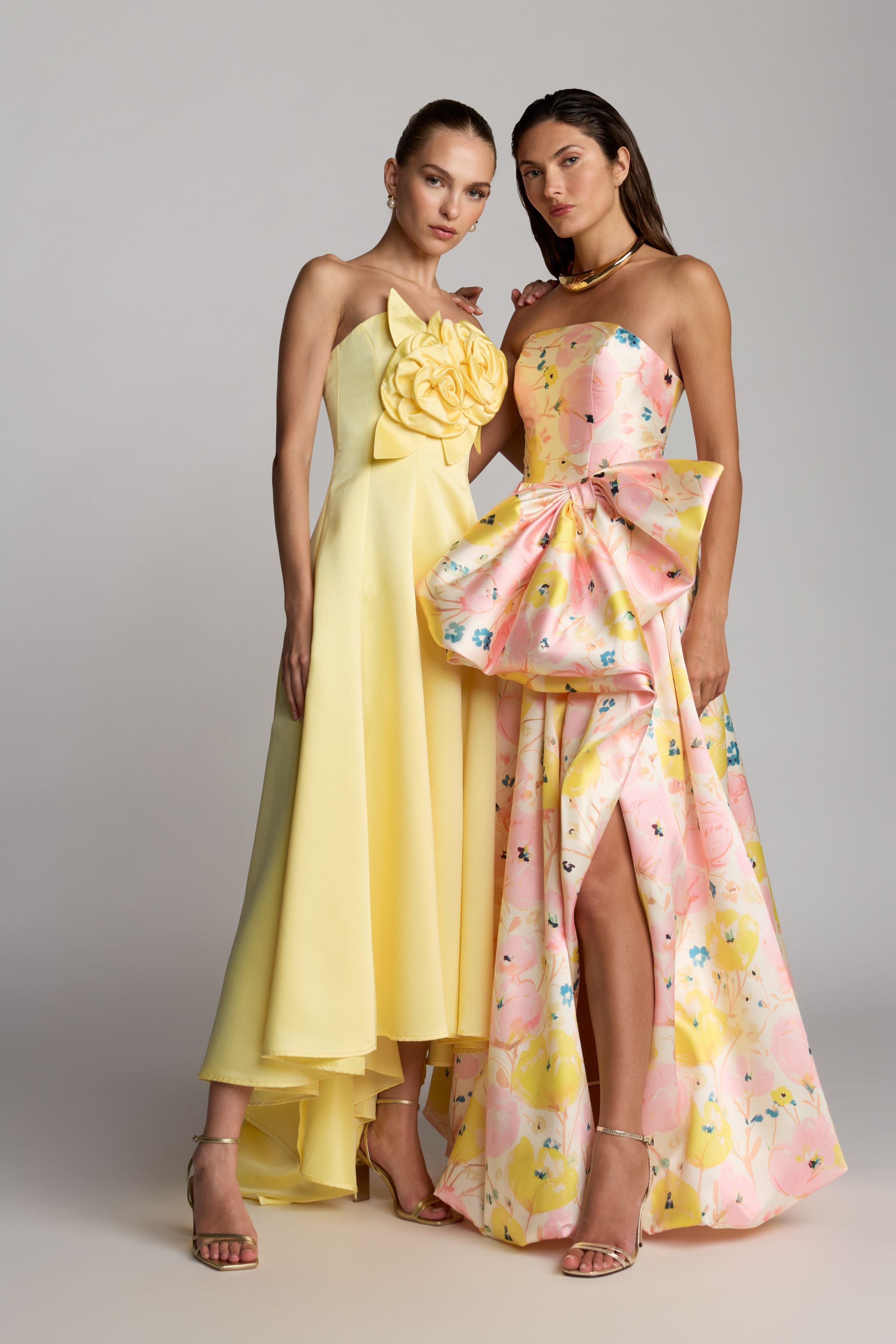 Yellow Strapless Satin High Low Gown With 3D Flowers-Myartka