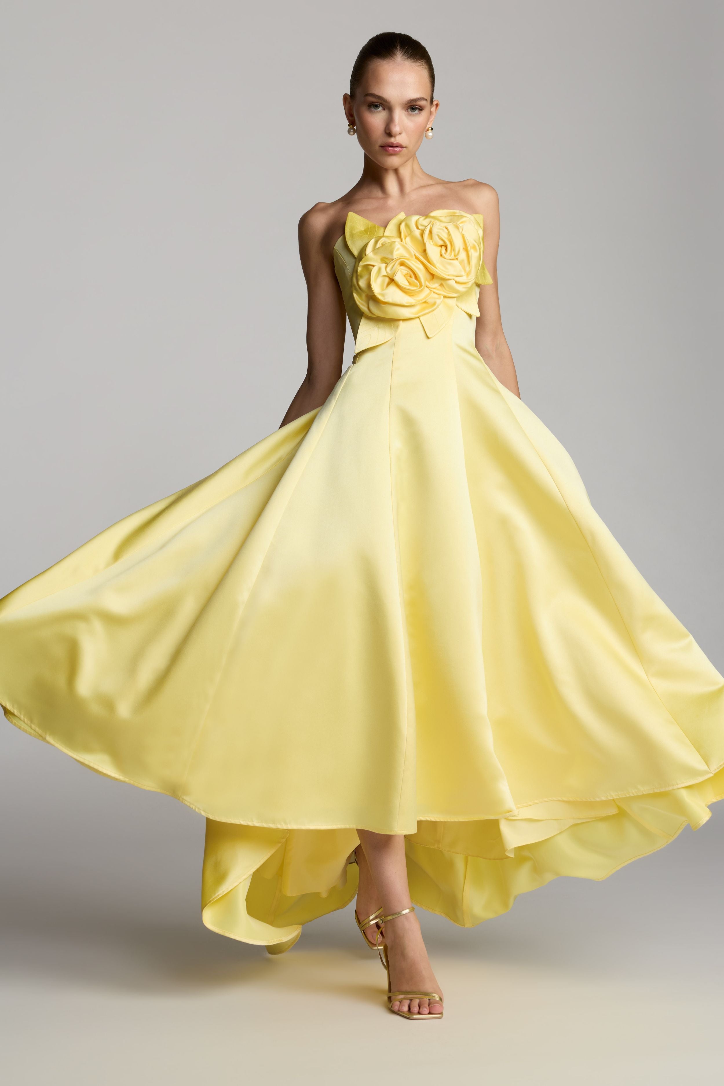Yellow Strapless Satin High Low Gown With 3D Flowers-Myartka