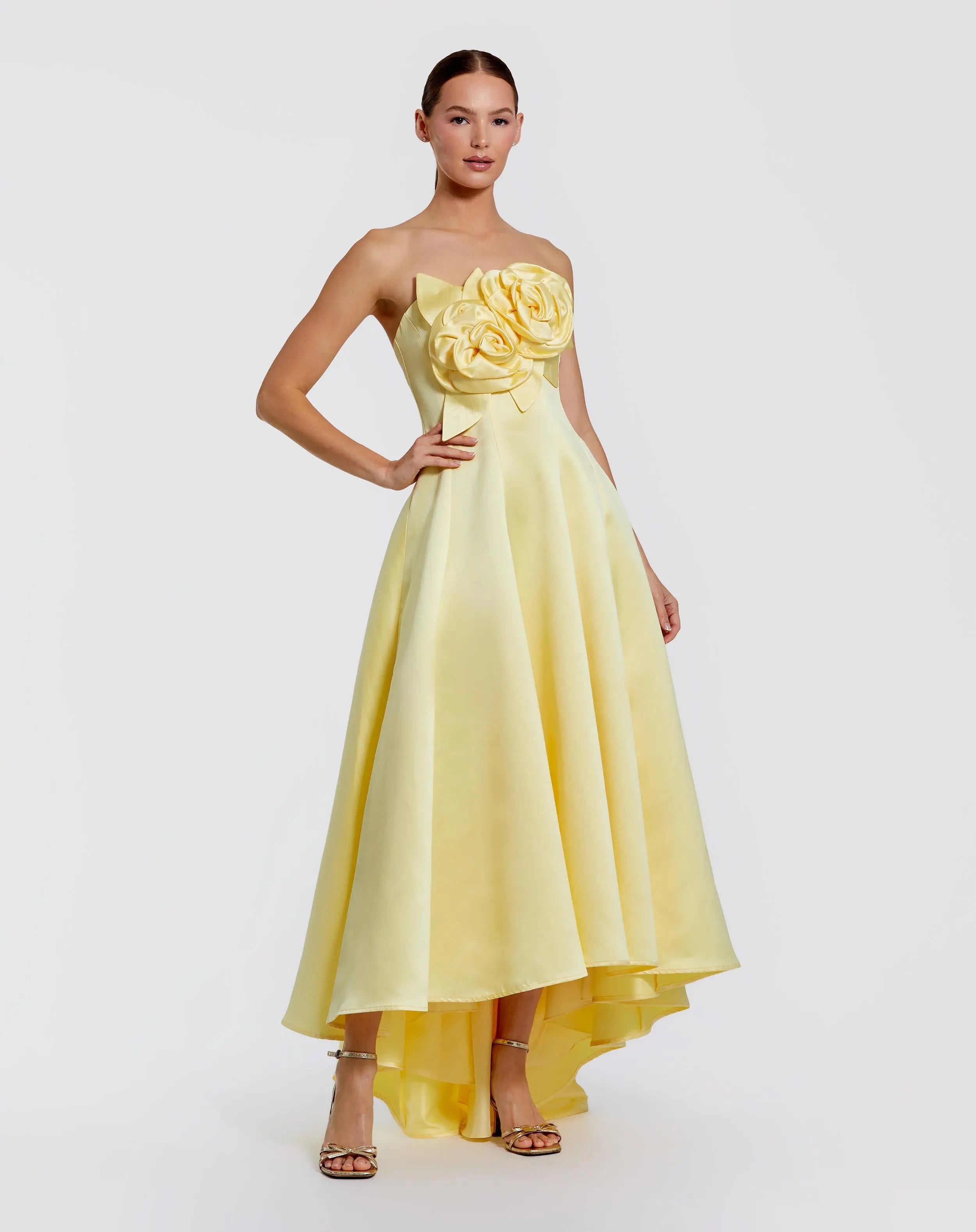 Yellow Strapless Satin High Low Gown With 3D Flowers-Myartka