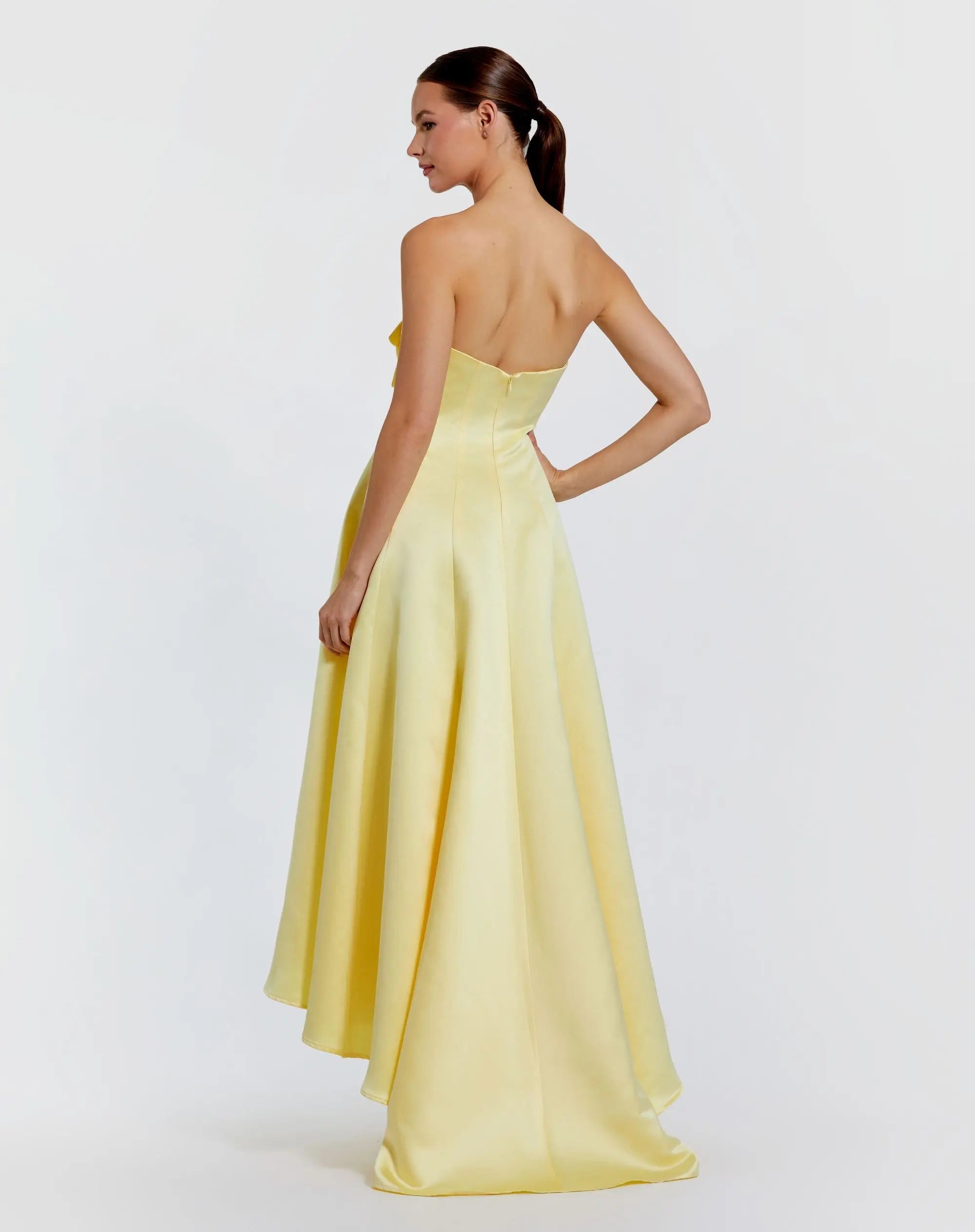 Yellow Strapless Satin High Low Gown With 3D Flowers-Myartka