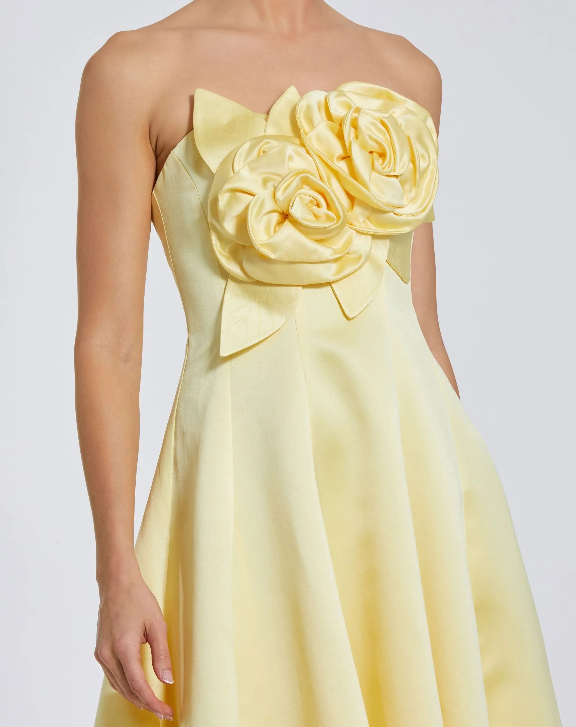 Yellow Strapless Satin High Low Gown With 3D Flowers-Myartka