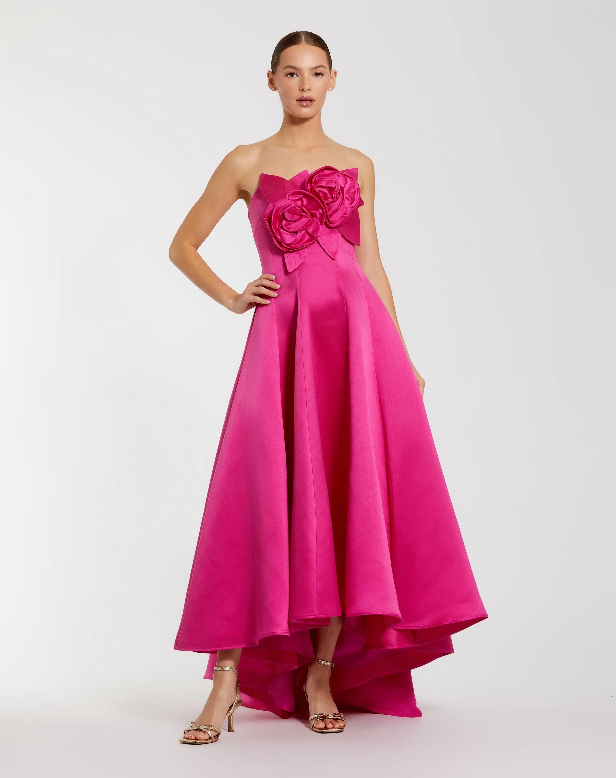 Pink Strapless Satin High Low Gown With 3D Flowers-Myartka