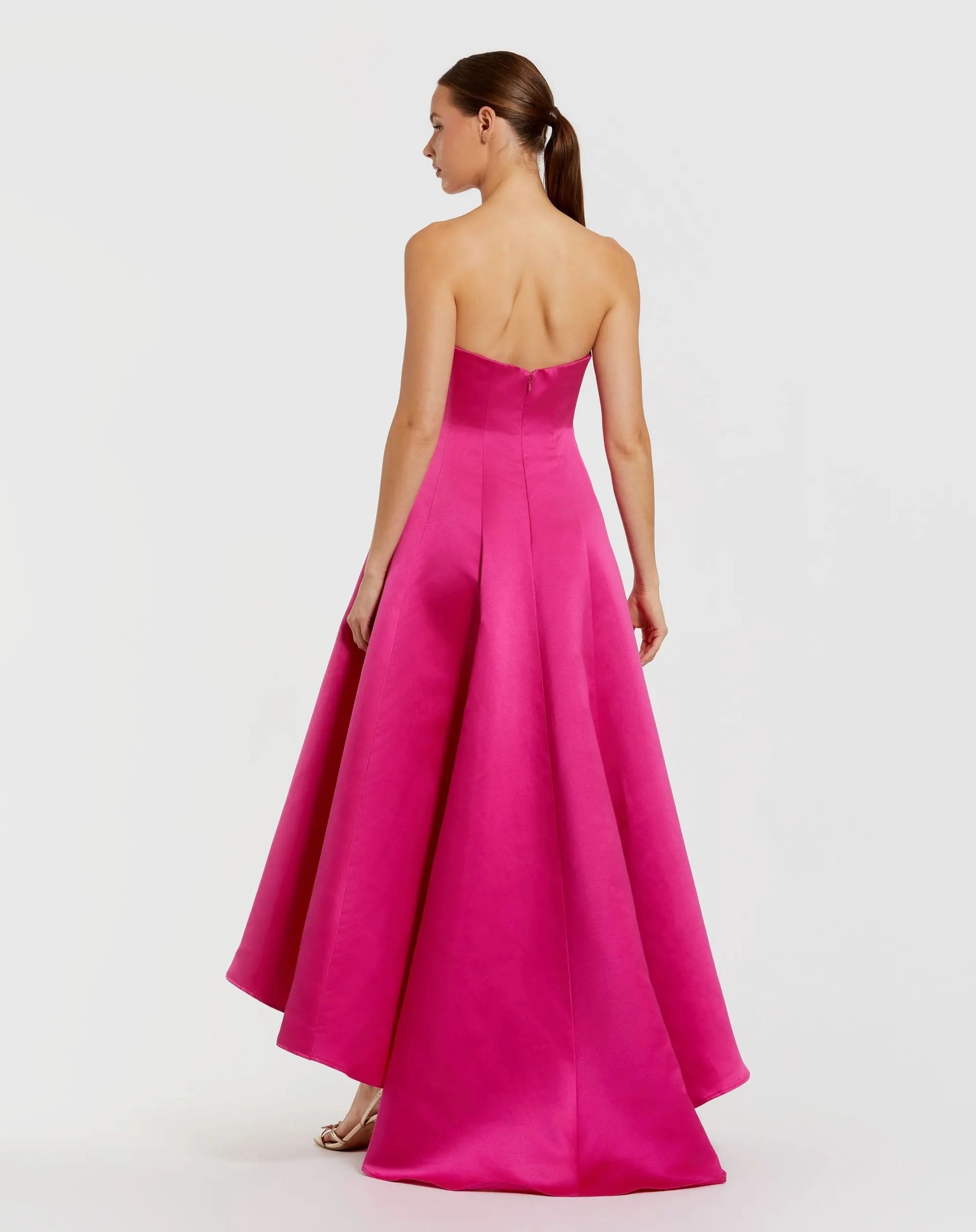 Pink Strapless Satin High Low Gown With 3D Flowers-Myartka