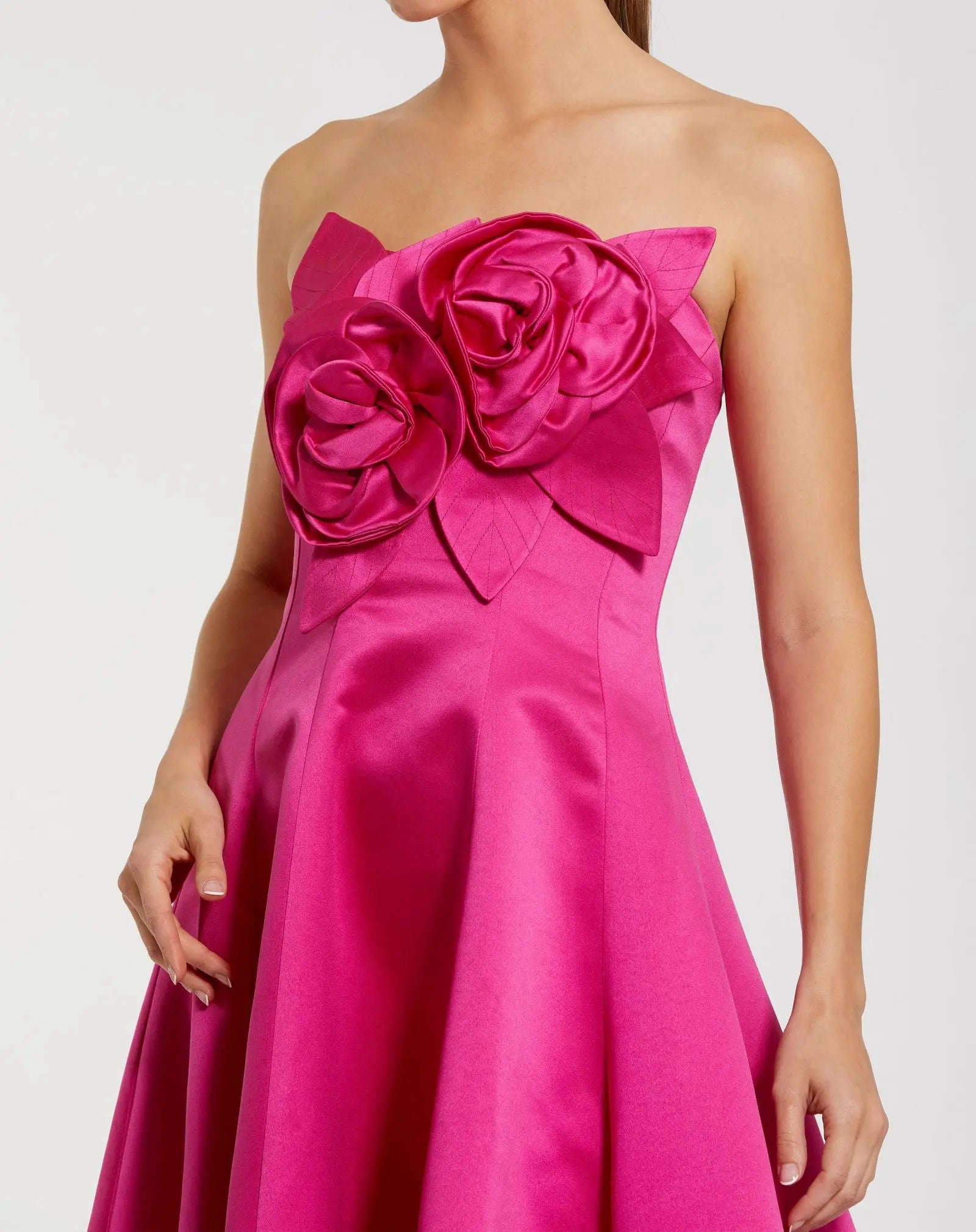 Pink Strapless Satin High Low Gown With 3D Flowers-Myartka