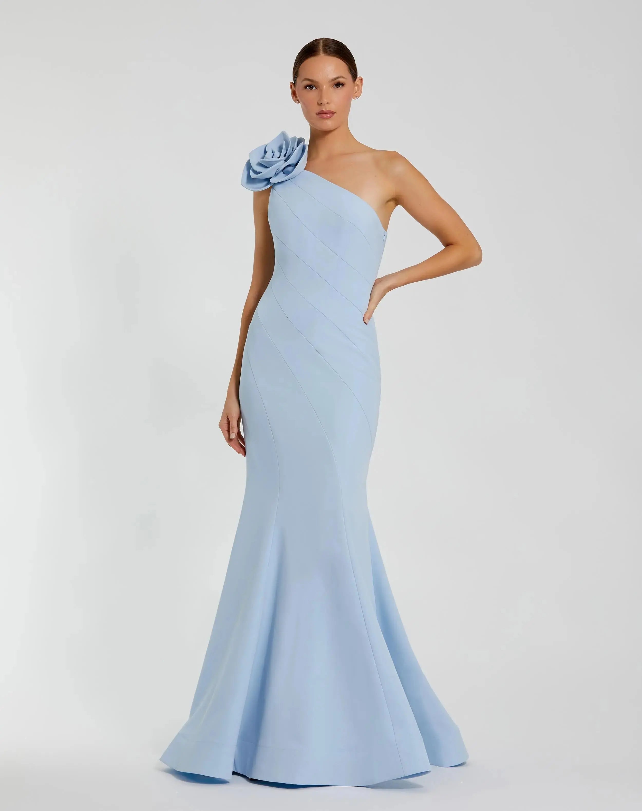 Blue One Shoulder Mermaid Gown With 3D Flower-Myartka