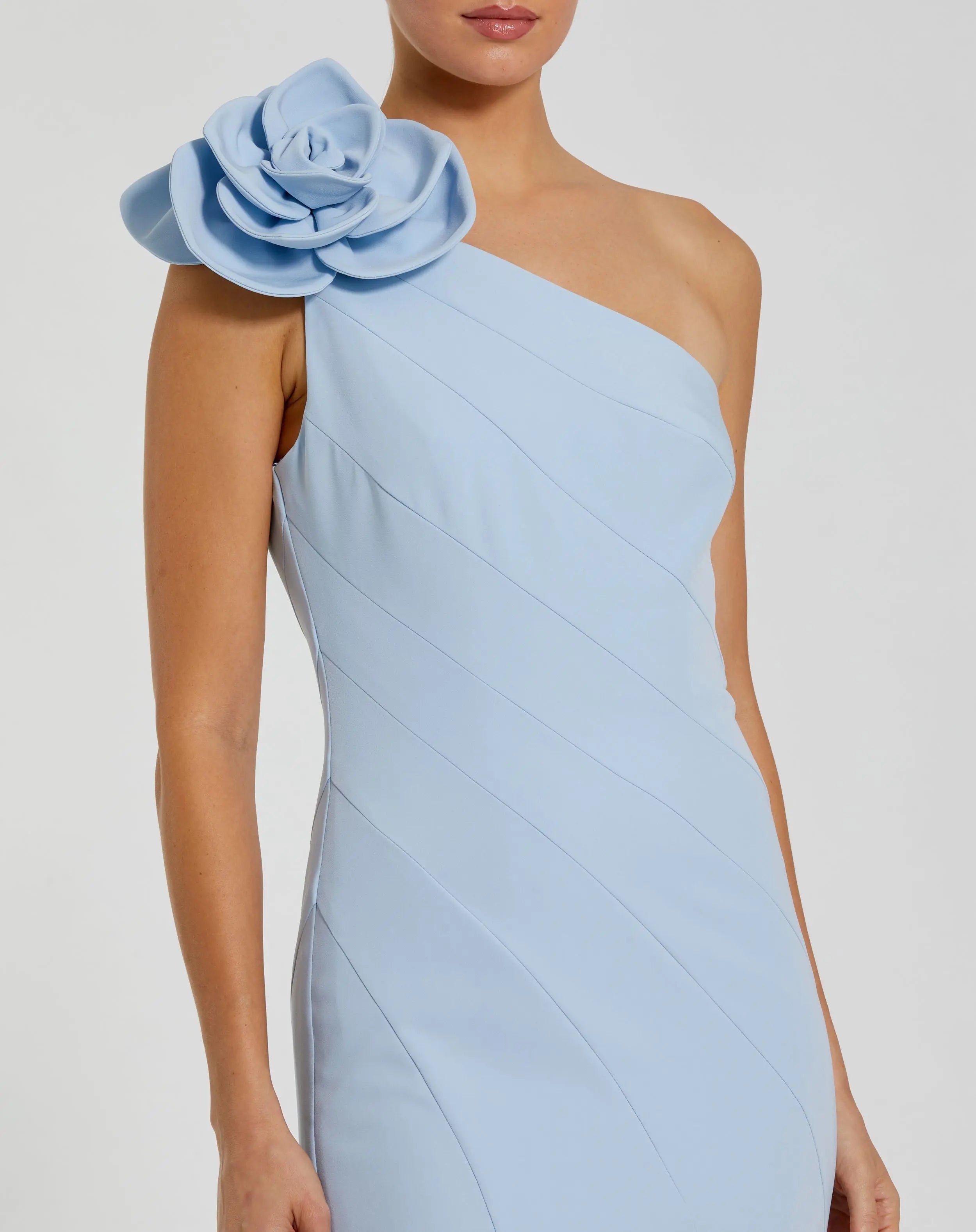Blue One Shoulder Mermaid Gown With 3D Flower-Myartka
