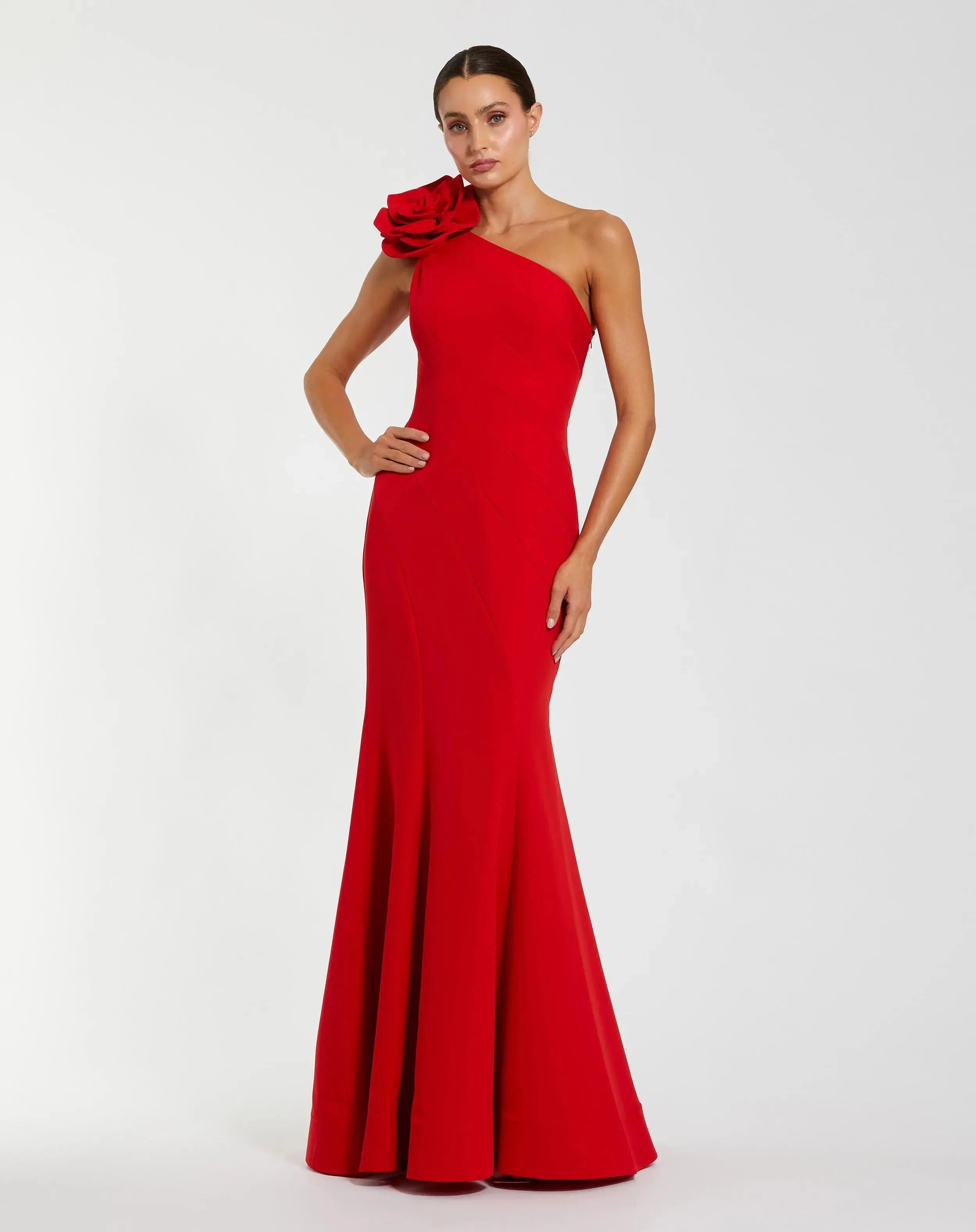 Red One Shoulder Mermaid Gown With 3D Flower-Myartka