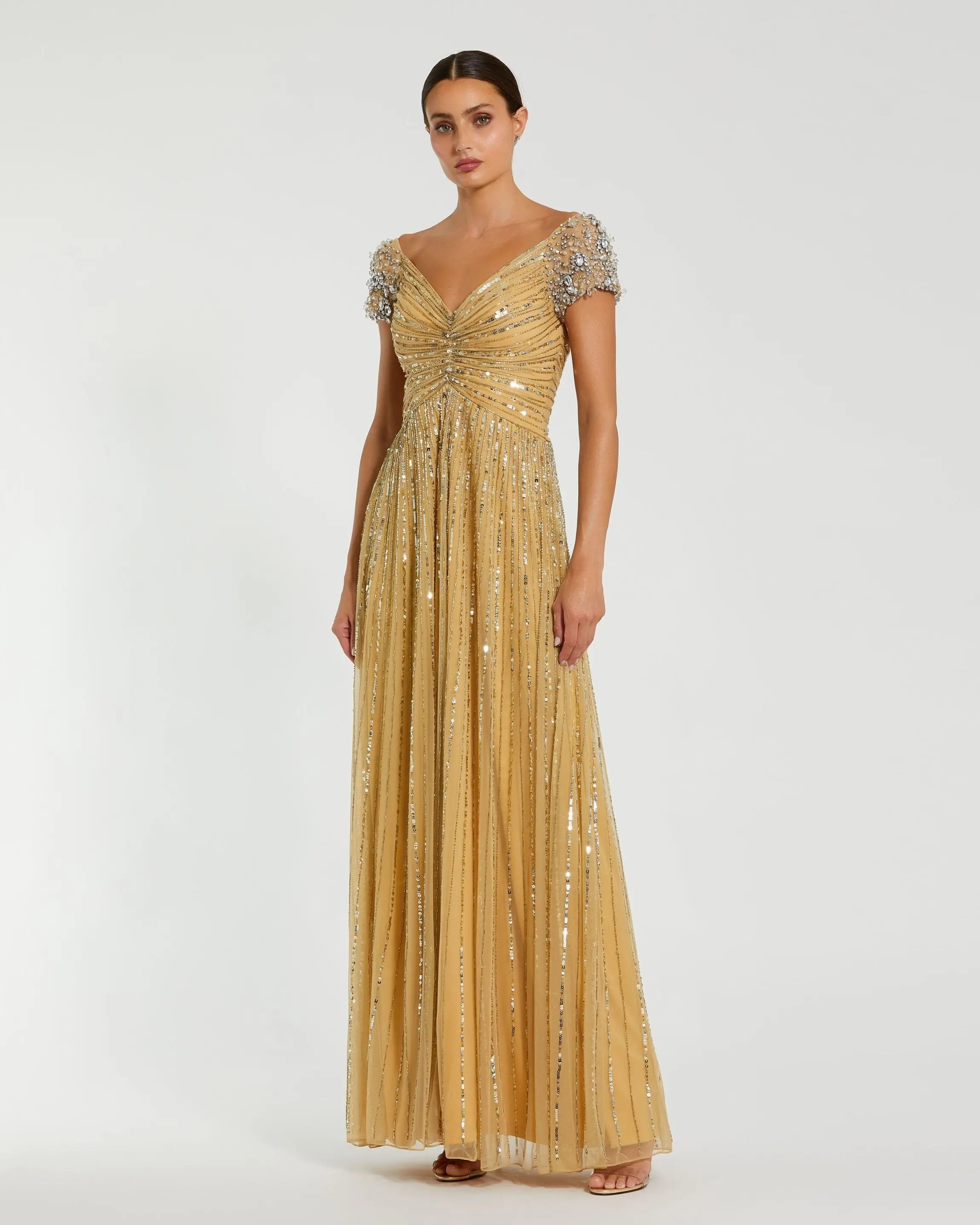 Gold Sequined Evening Gown With Embellished Shoulders-Myartka