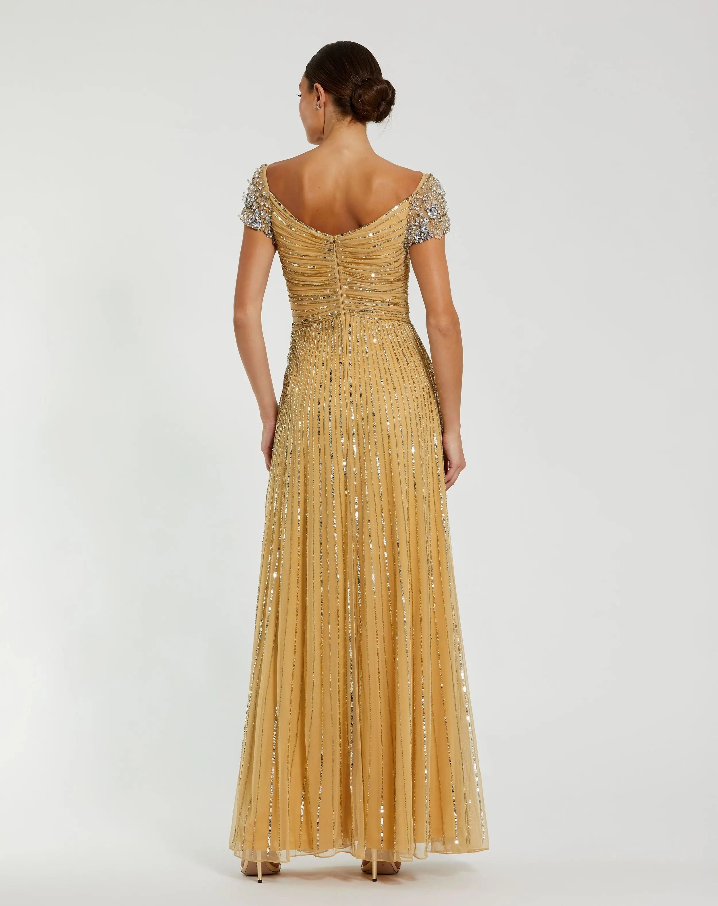 Gold Sequined Evening Gown With Embellished Shoulders-Myartka