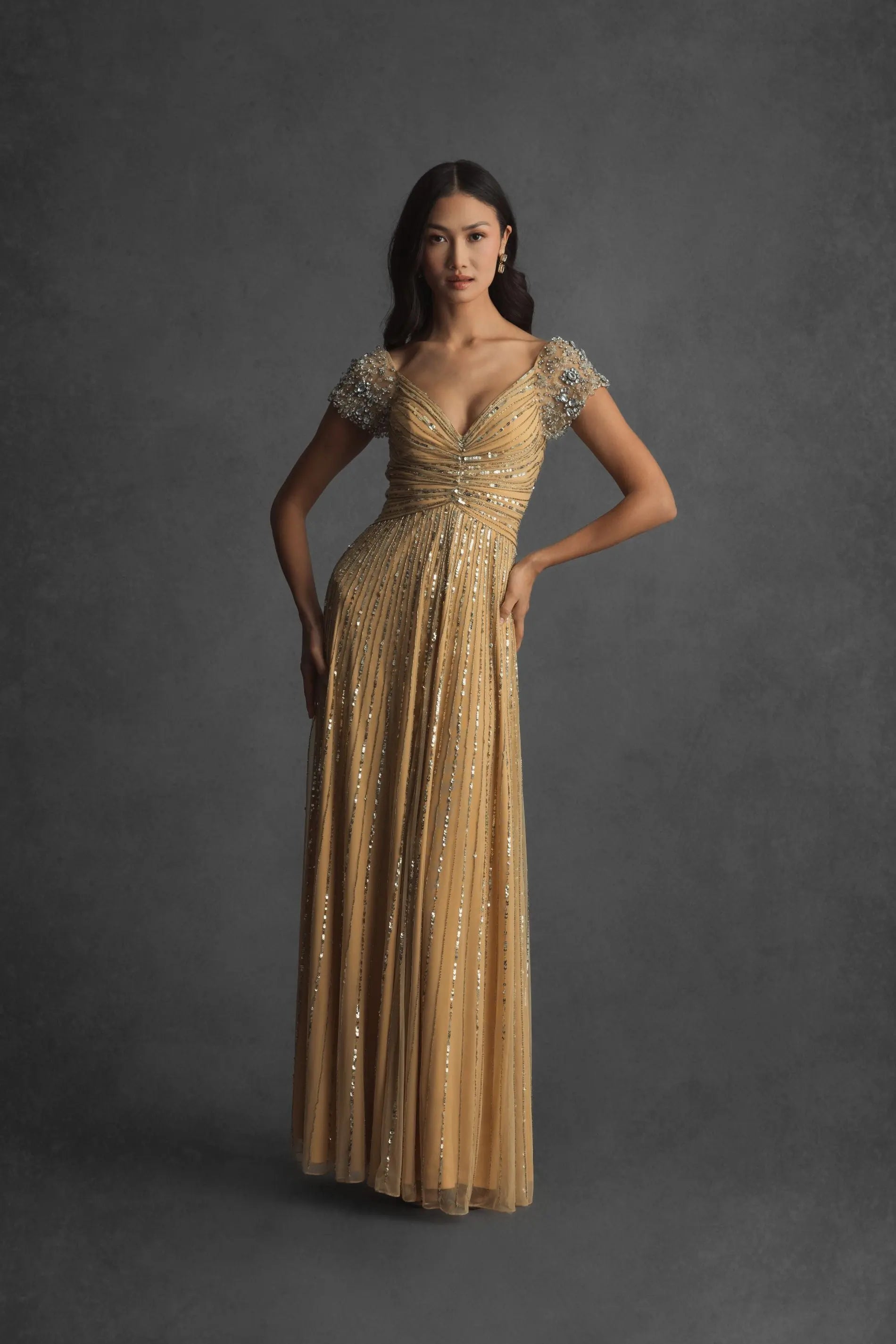 Gold Sequined Evening Gown With Embellished Shoulders-Myartka