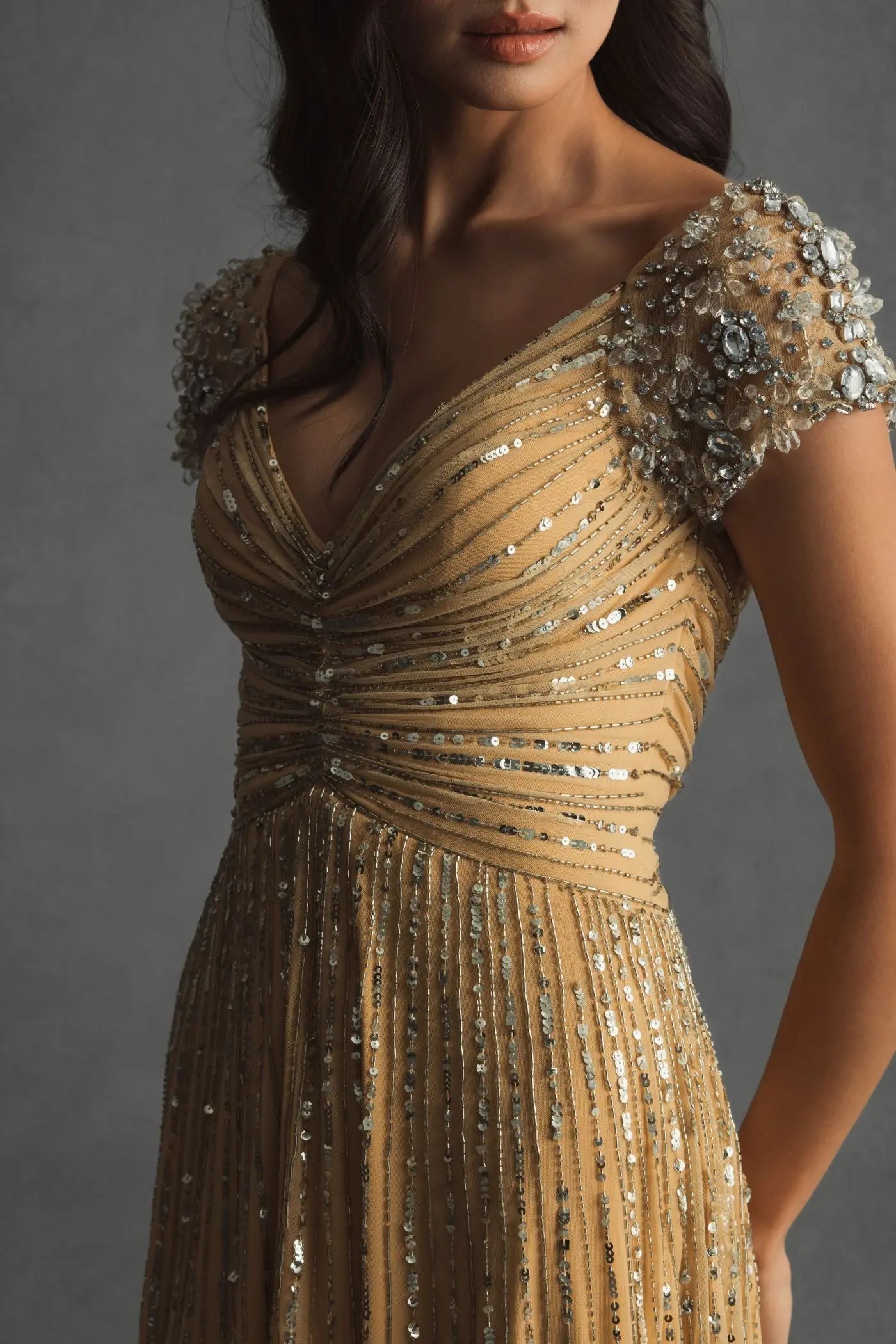 Gold Sequined Evening Gown With Embellished Shoulders-Myartka