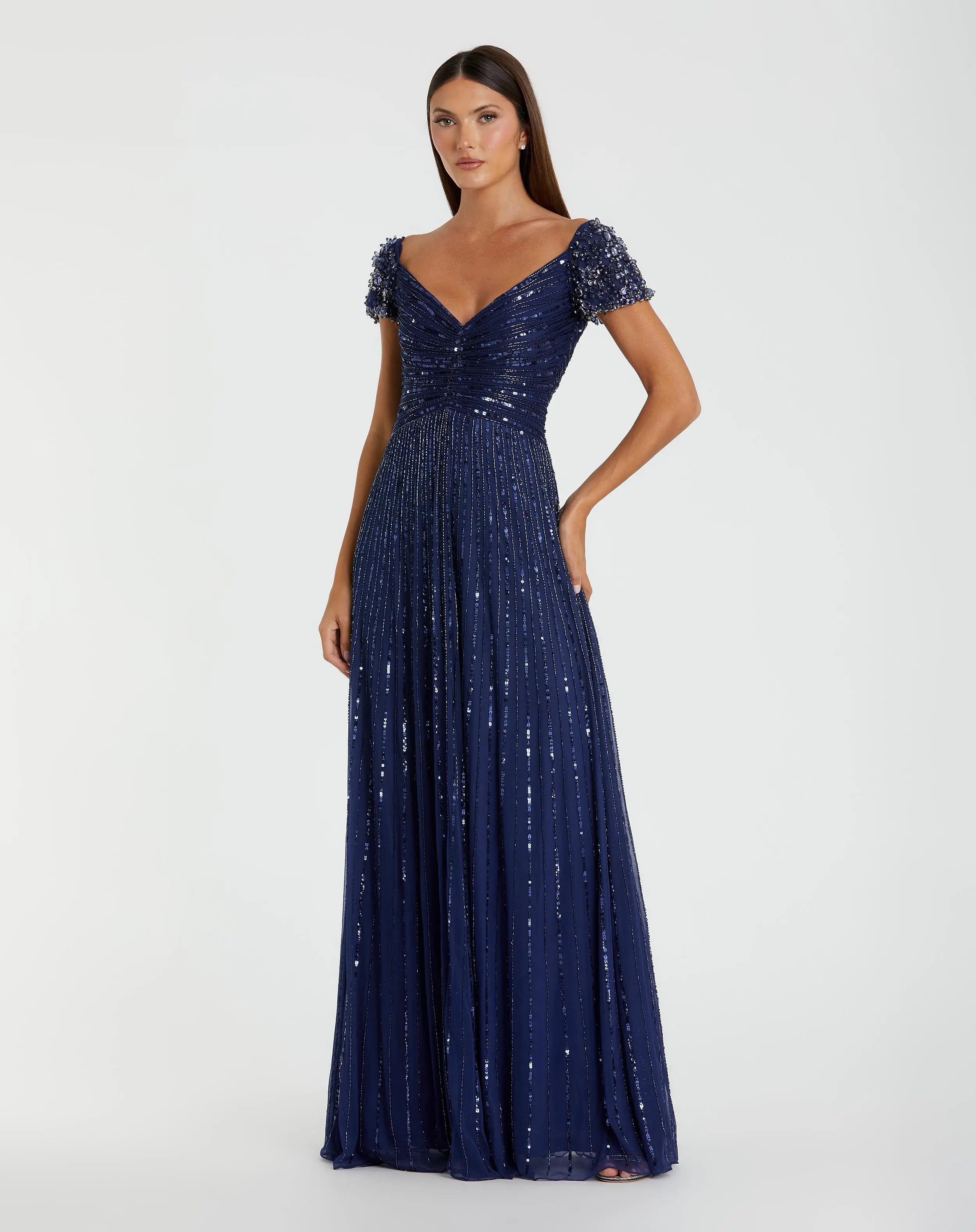 Navy Sequined Evening Gown With Embellished Shoulders-Myartka