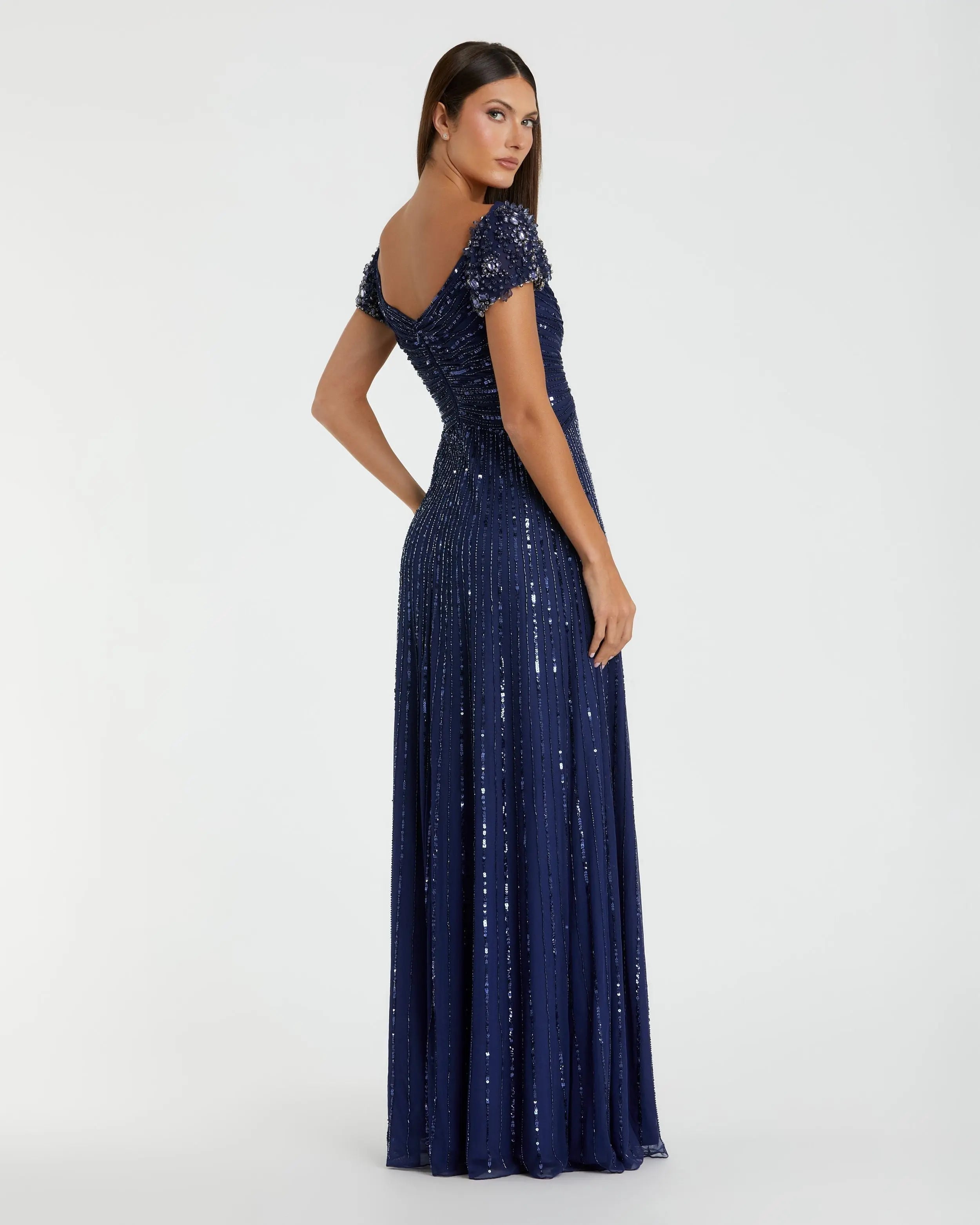 Navy Sequined Evening Gown With Embellished Shoulders-Myartka