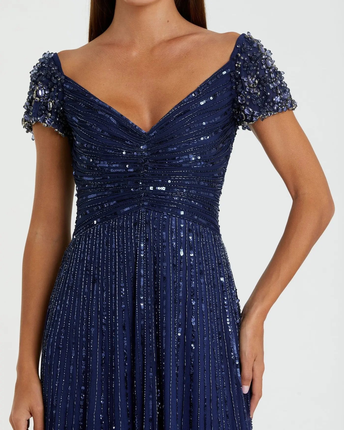Navy Sequined Evening Gown With Embellished Shoulders-Myartka